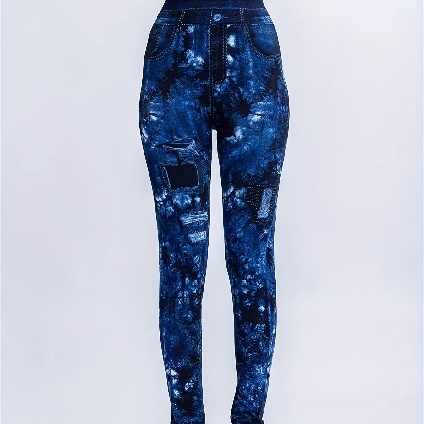 gbolsosDenim Print High Waist Jeggings, Slim Stretchy Casual Leggings, Women's Clothing