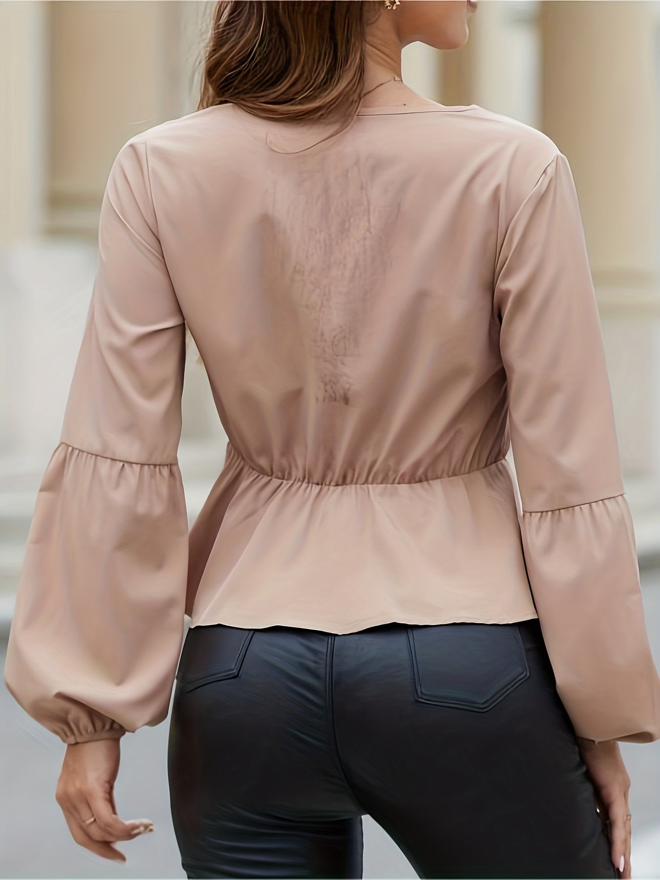 gbolsos Button Front V Neck Ruffle Hem Blouse, Casual Long Sleeve Blouse For Spring & Fall, Women's Clothing
