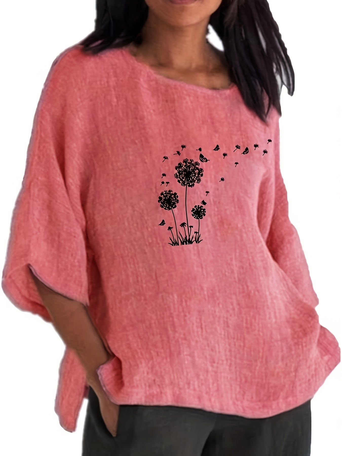 solvbao Plus Size Casual Top, Women's Plus Solid Long Sleeve Round Neck Oversized Tunic Top