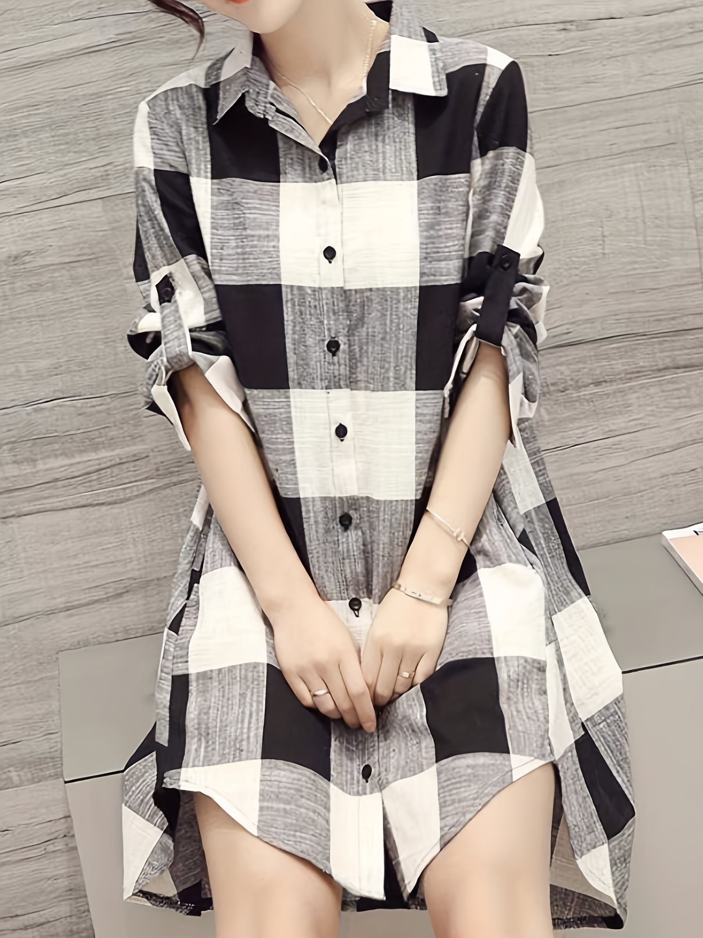 gbolsos Plaid Print Dipped Hem Shirt, Casual Mid Length Button Front Turn Down Collar Long Sleeve Shirt, Women's Clothing