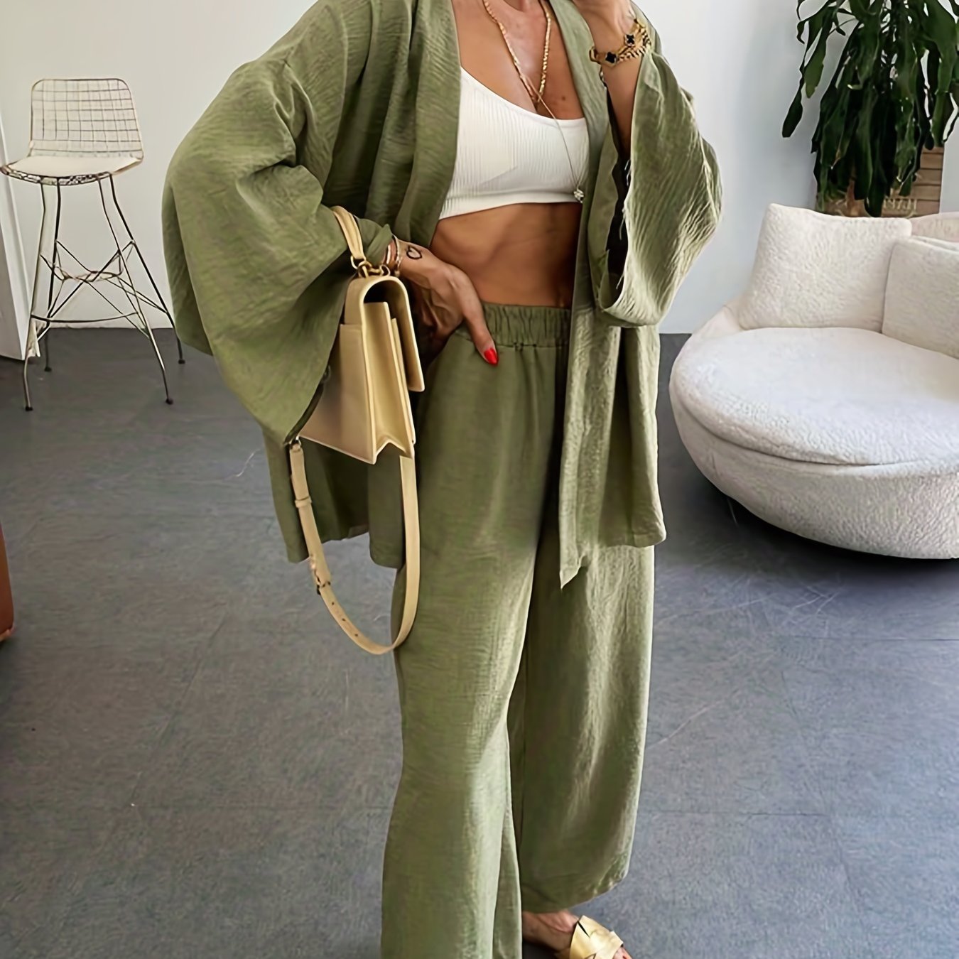 Plus Size Casual Overcoat, Women's Plus Solid Long Sleeve Slight Stretch Kimono Cardigan