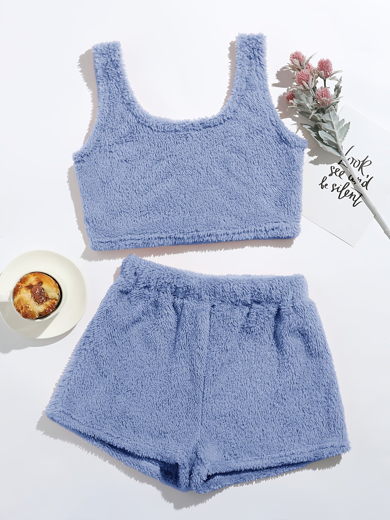 Fluffy Comfortable Pajamas Set, Crop Tank Sleeveless Top & Comfortable Shorts Loungewear Set For Valentine's Gifts, Women's Loungewear & Sleepwear