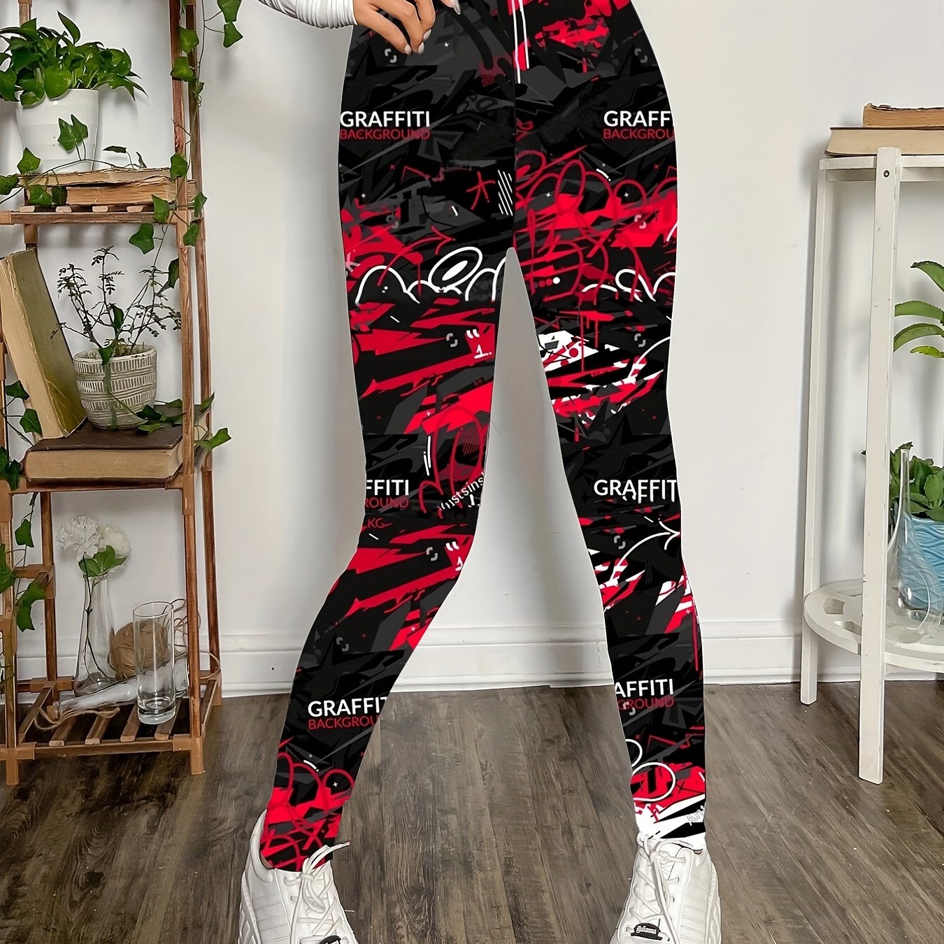 gbolsosGraffiti Print Skinny Leggings, Casual Every Day Stretchy Leggings, Women's Clothing