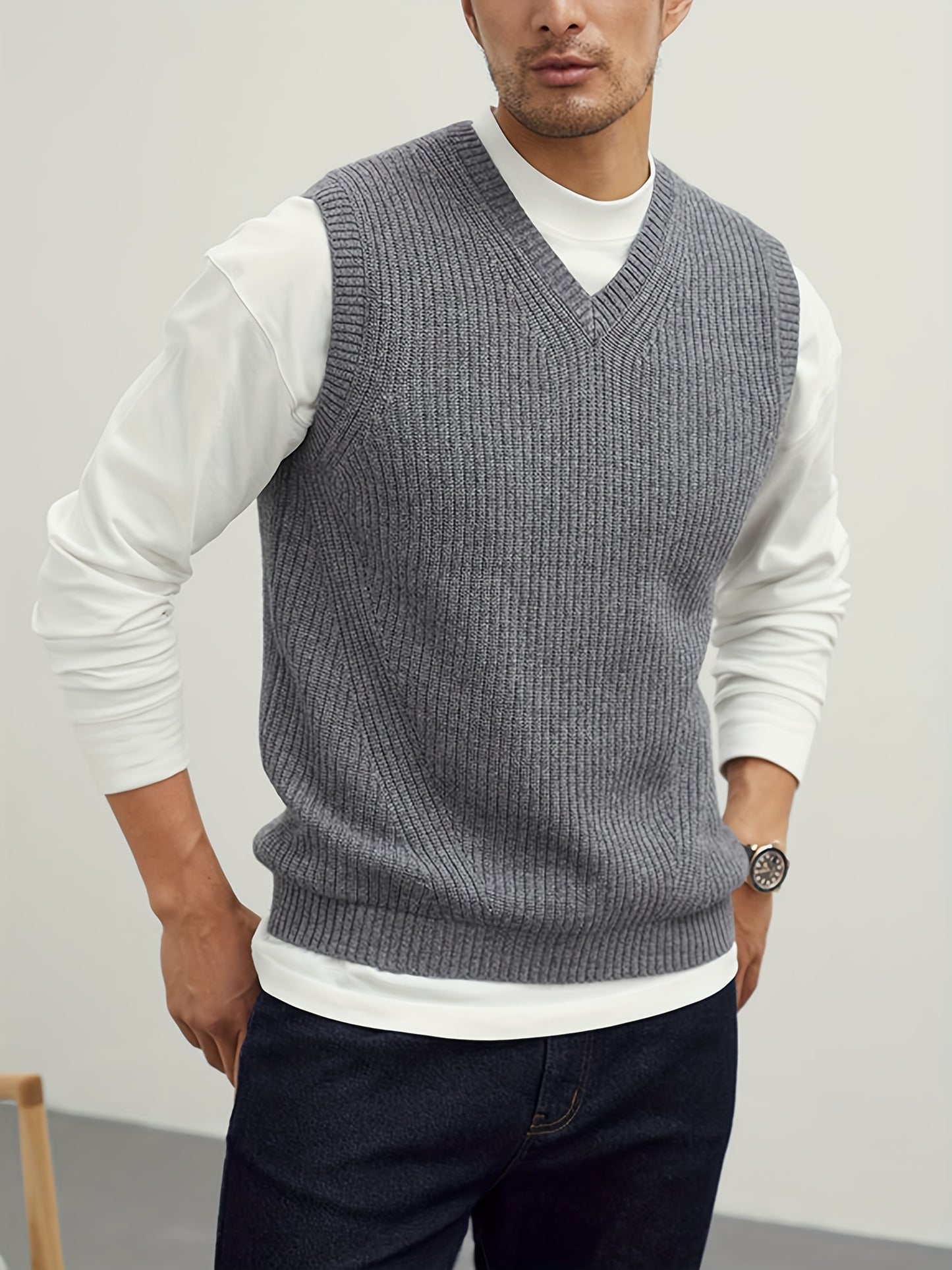 gbolsos Men's V Neck Sweater Vest, Pullover Solid Color Sleeveless Sweaters Vest, Preppy Style