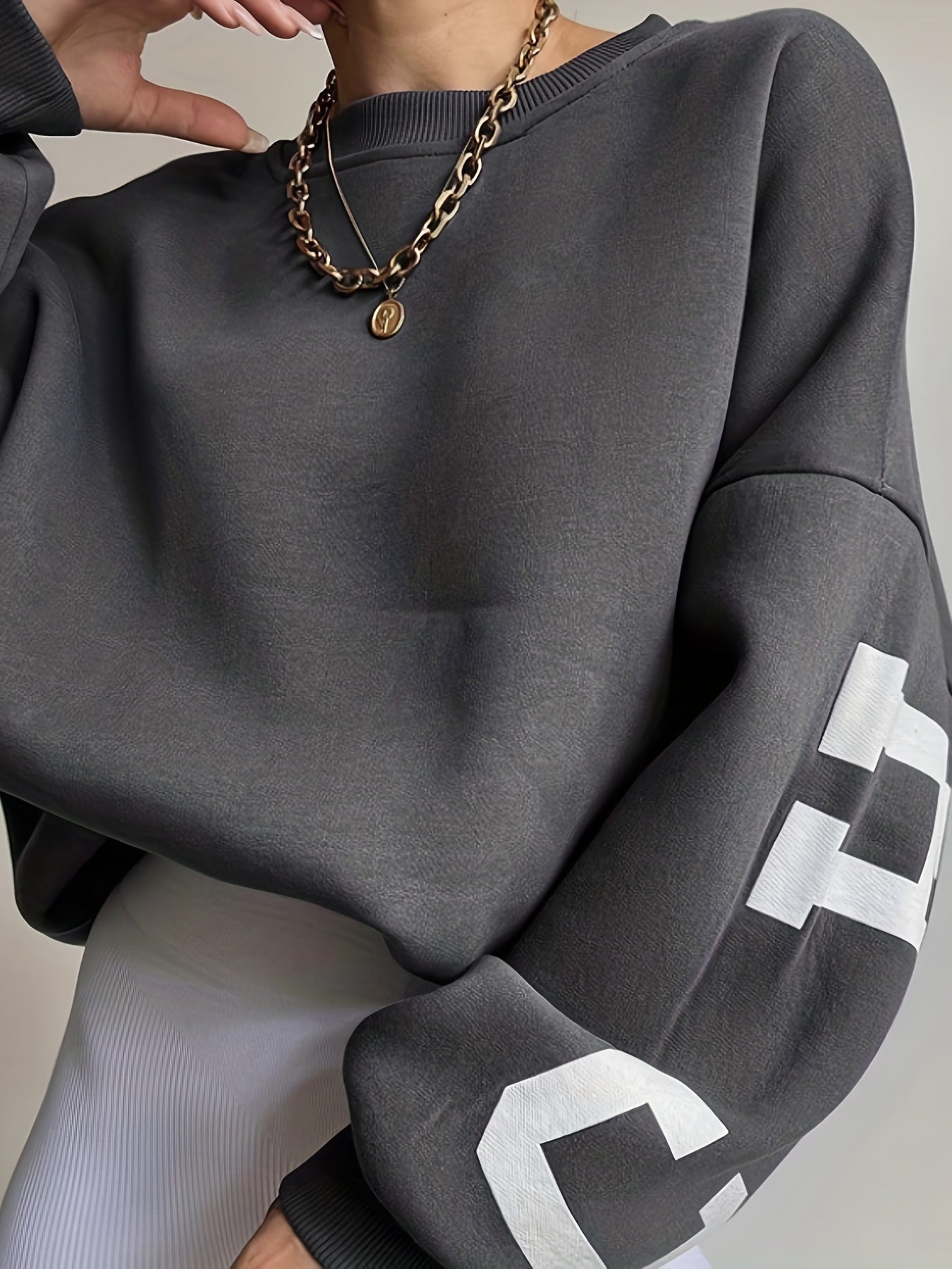 gbolsos Women Oversized Thermal Letter Graphic Print Sweatshirt Aesthetic Crew Neck Long Sleeve Drop Shoulder Pullover