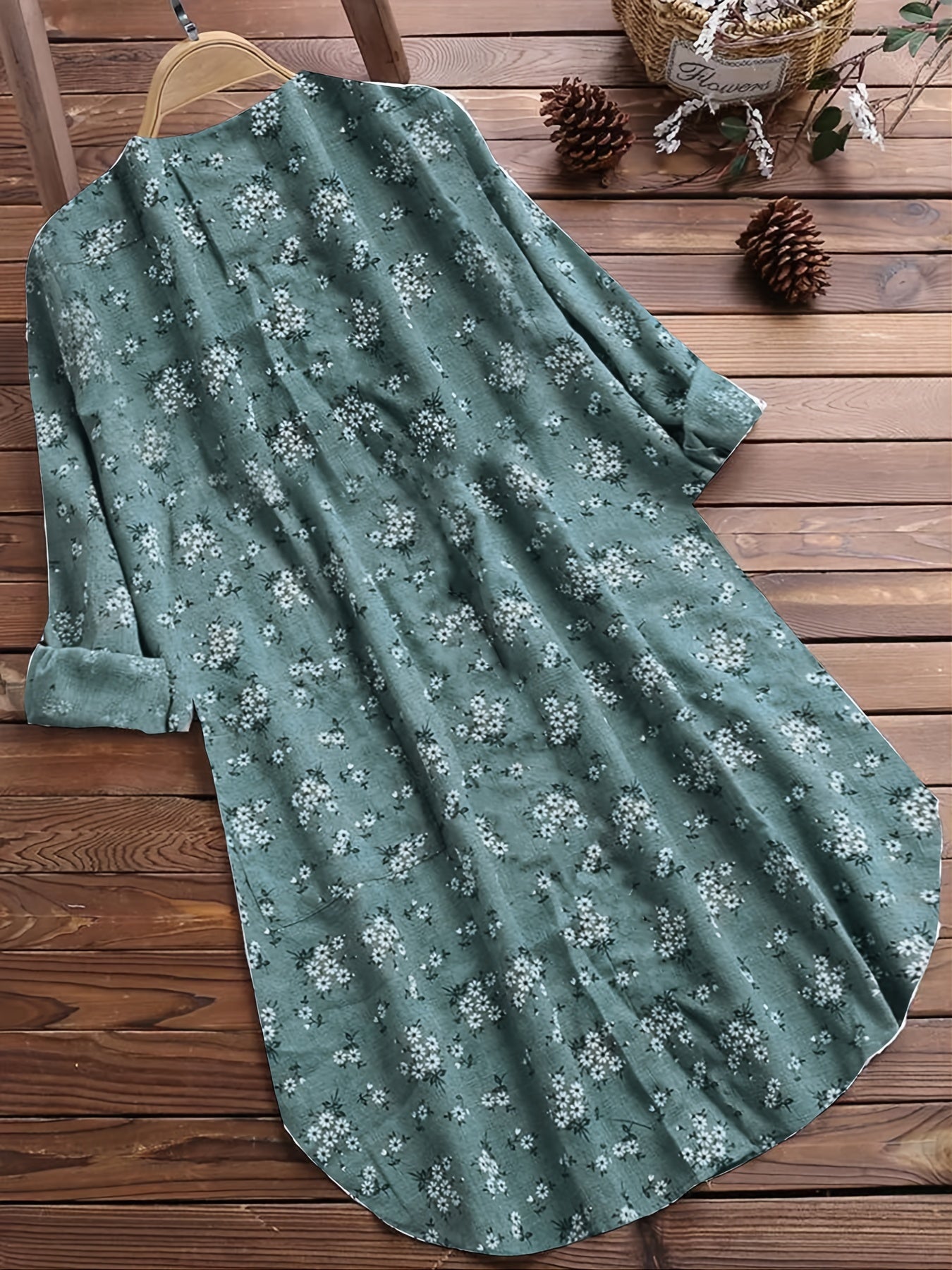gbolsos Ditsy Floral Print Button Front Dress, Casual Long Sleeve V Neck Midi Dress With Pocket, Women's Clothing