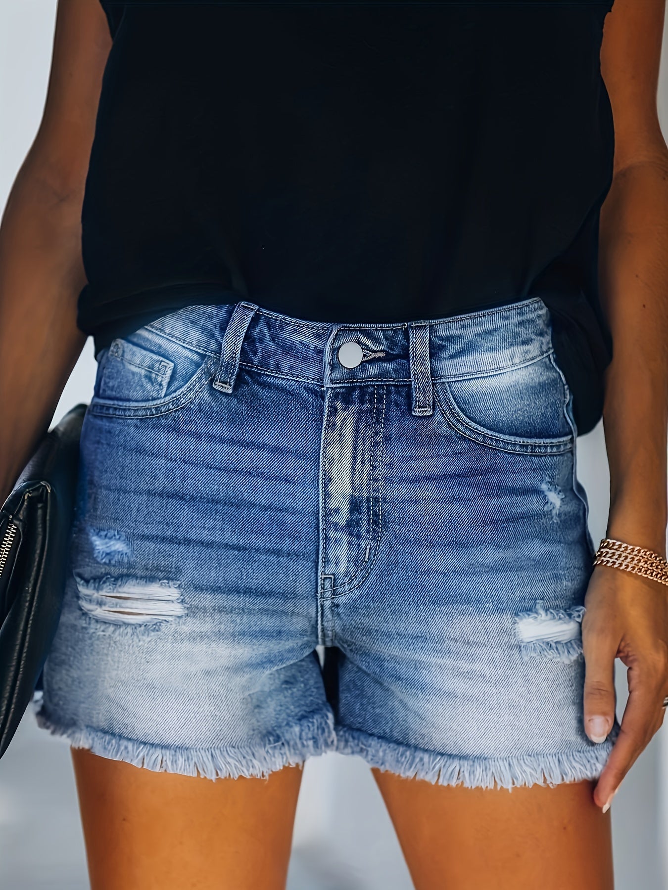 gbolsosBlue Frayed Hem Denim Shorts, Ripped Holes Slash Pockets Short Denim Pants, Women's Denim Jeans & Clothing