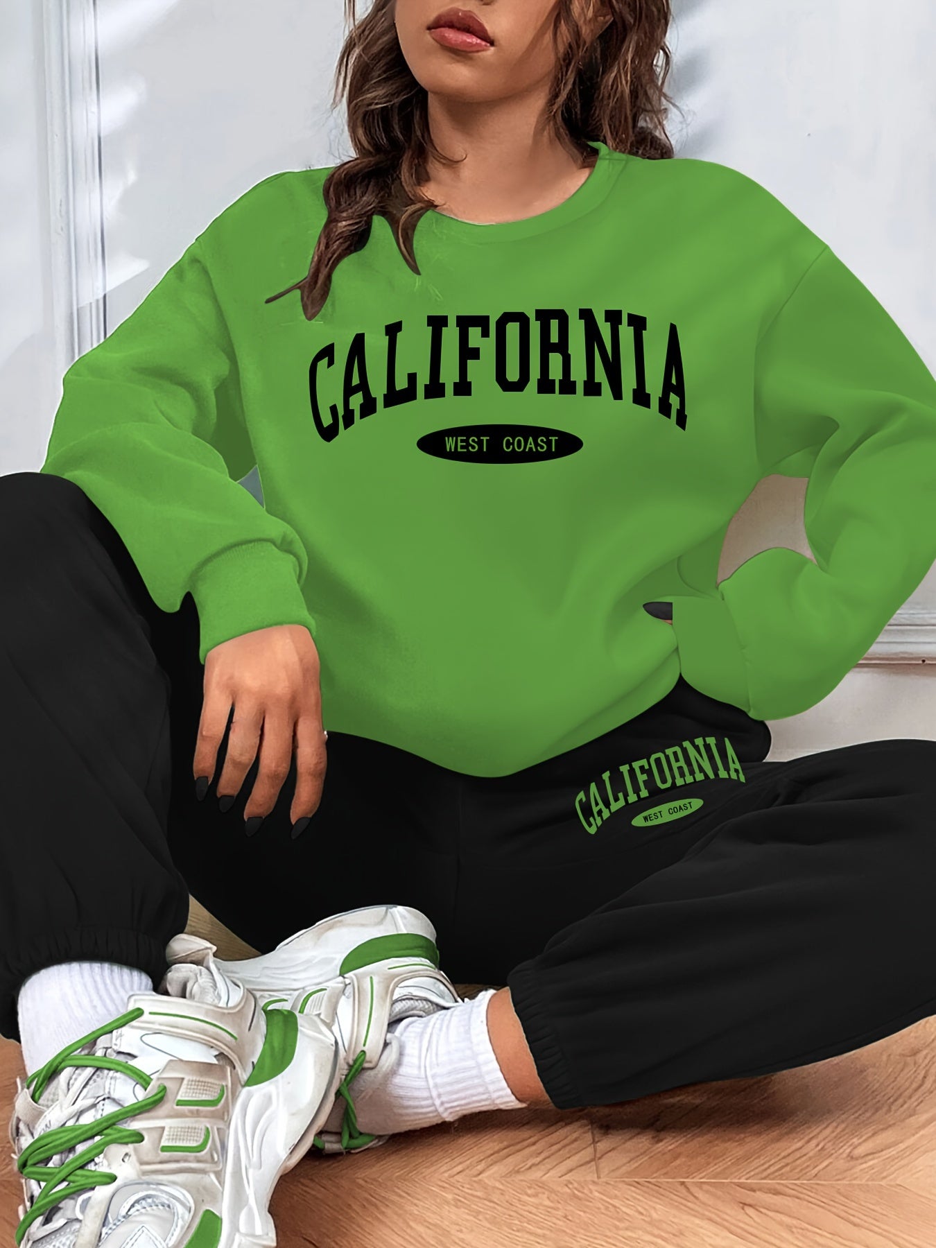 gbolsos California Print Casual Two-piece Set, Long Sleeve Sweatshirt & Elastic Waist Sweatpants Outfits, Women's Clothing