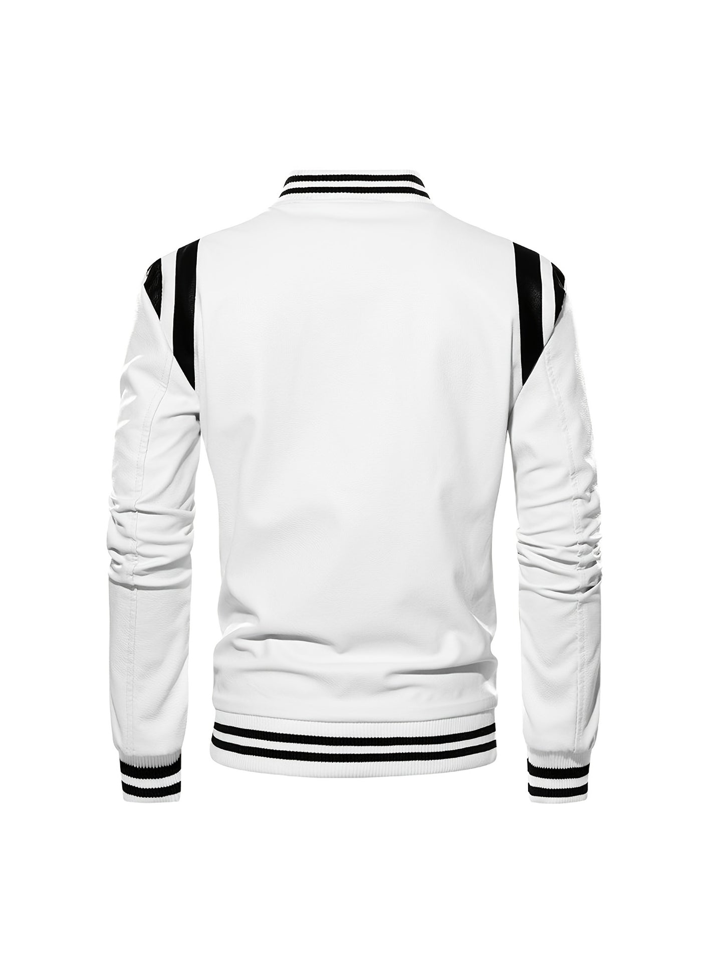 gbolsos Chic Color Block PU Jacket, Men's Casual Baseball Collar Faux Leather Biker Jacket