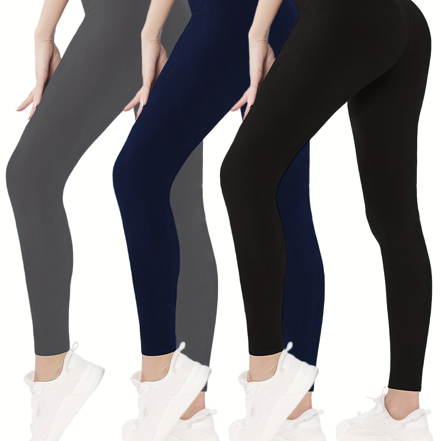 gbolsosSolid High Waist Skinny 3 Pieces Set Leggings, Workout Spring & Fall Leggings, Women's Clothing