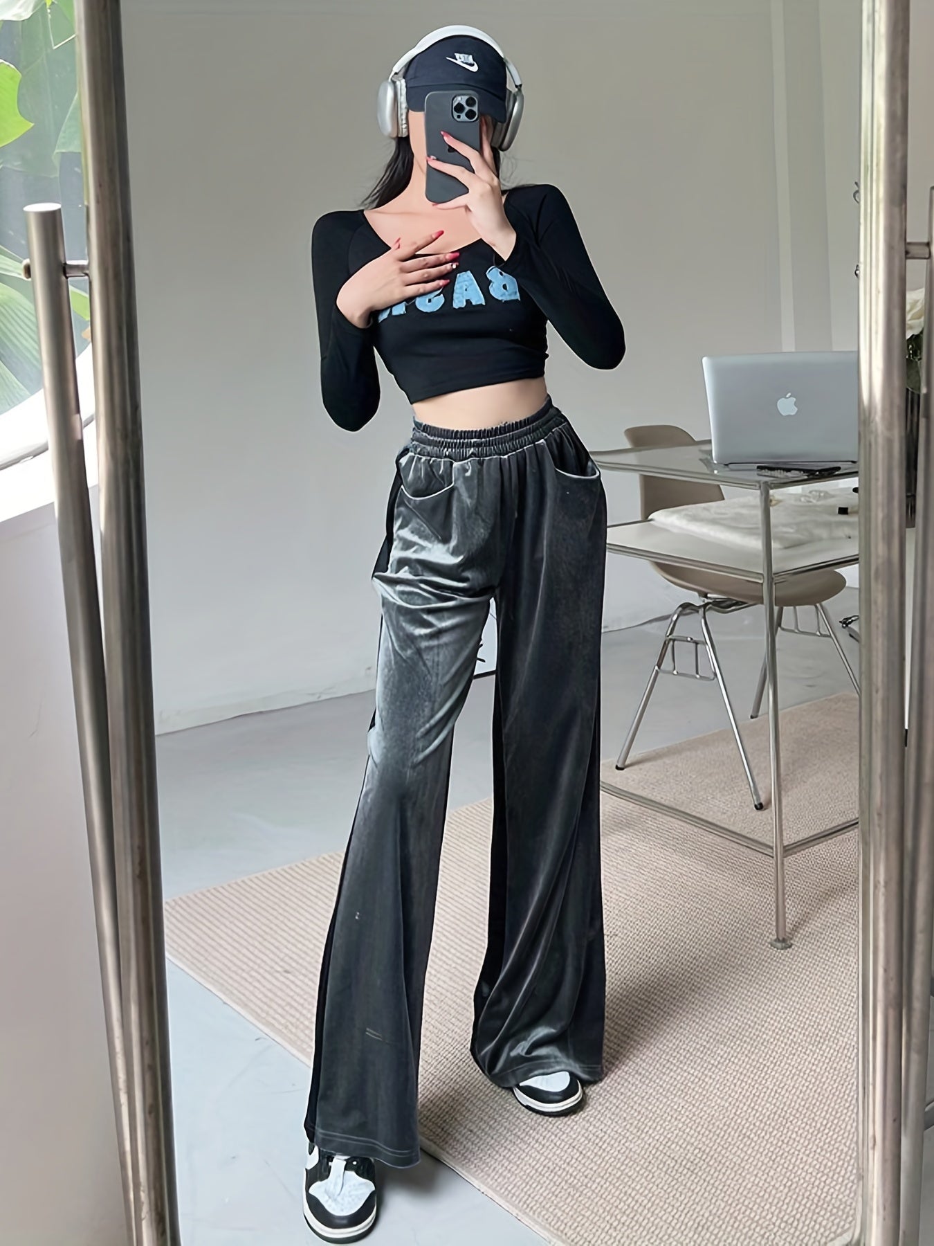 Velvet High Waist Pants, Casual Elastic Wide Leg Draped Pants With Pockets, Women's Clothing