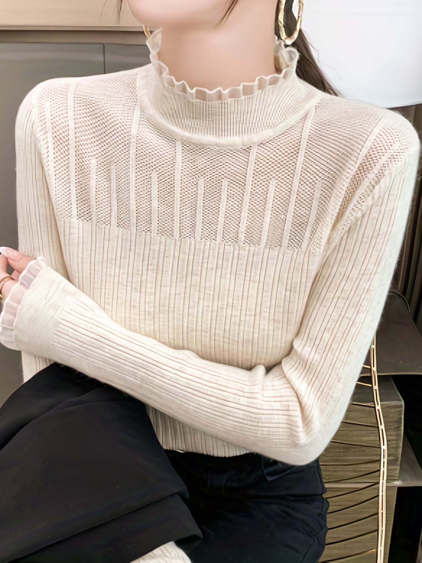 Solid Lace Mock Neck Slim Sweater, Casual Long Sleeve Sweater For Spring & Fall, Women's Clothing