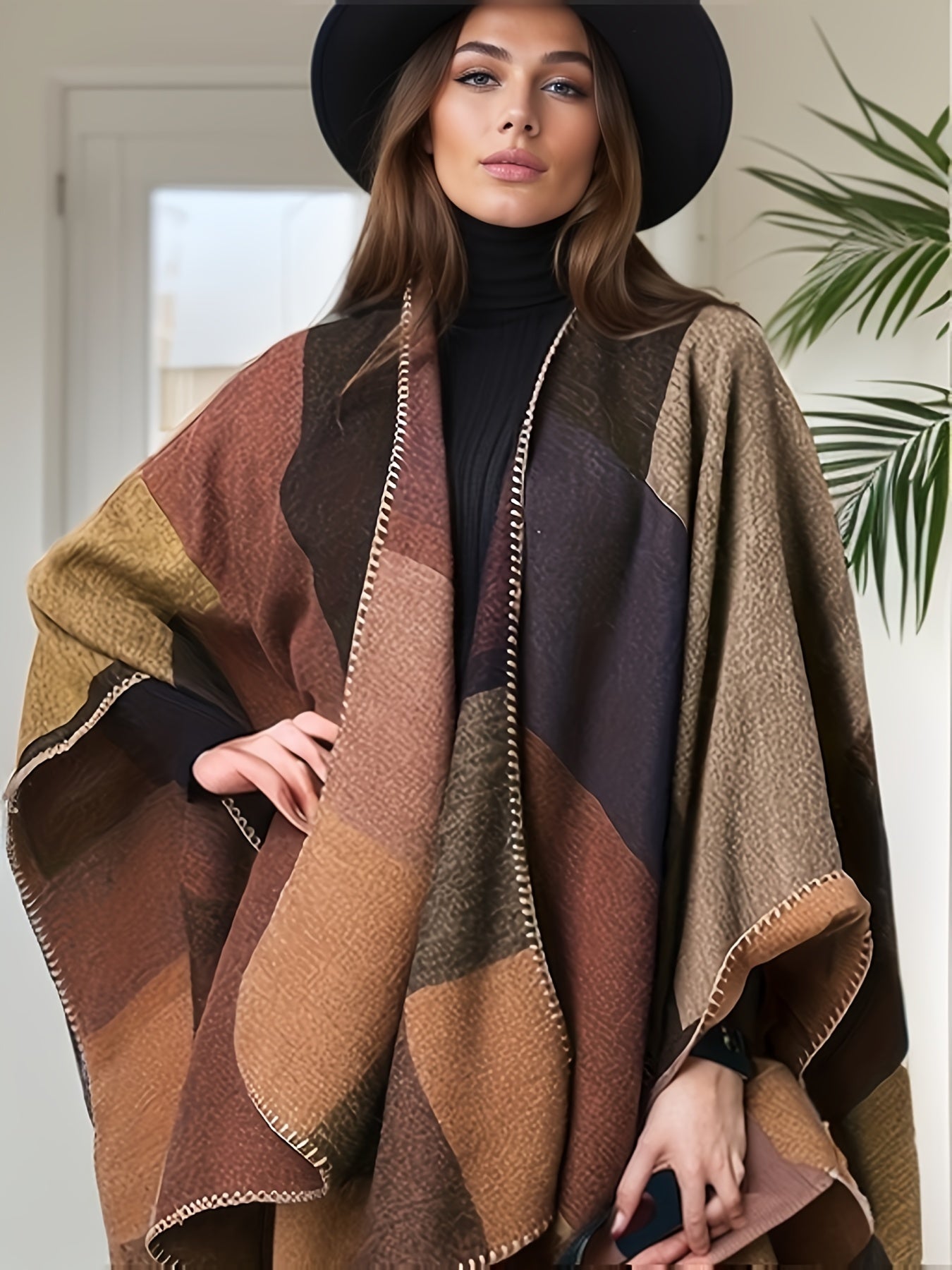 Plus Size Casual Coat, Women's Plus Colorblock Bat Sleeve Open Front Slight Stretch Cape Coat