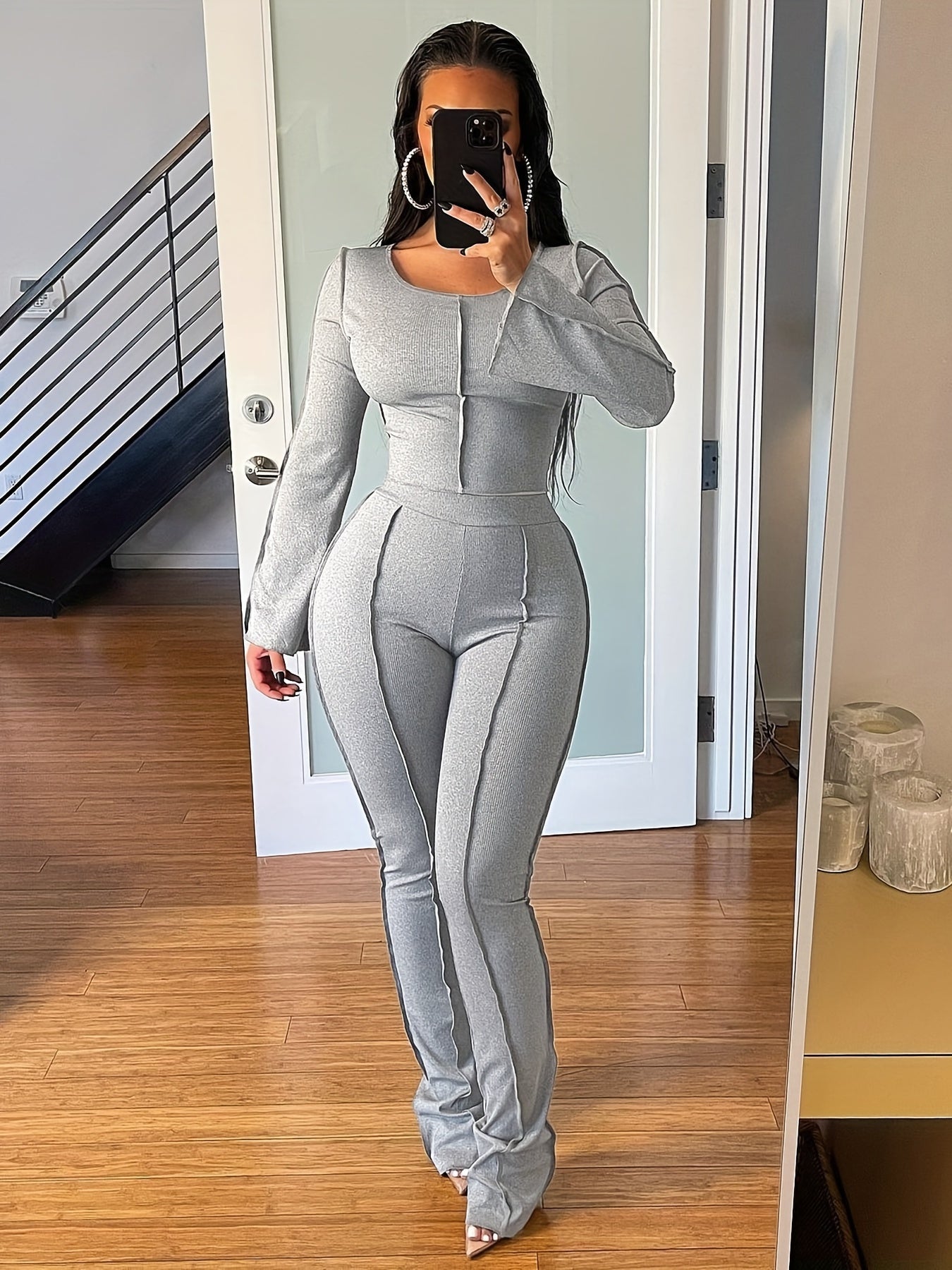 Solid Rib Two-piece Set, Flared Sleeve Crew Neck Tops & High Waist Long Length Pants Outfits, Women's Clothing