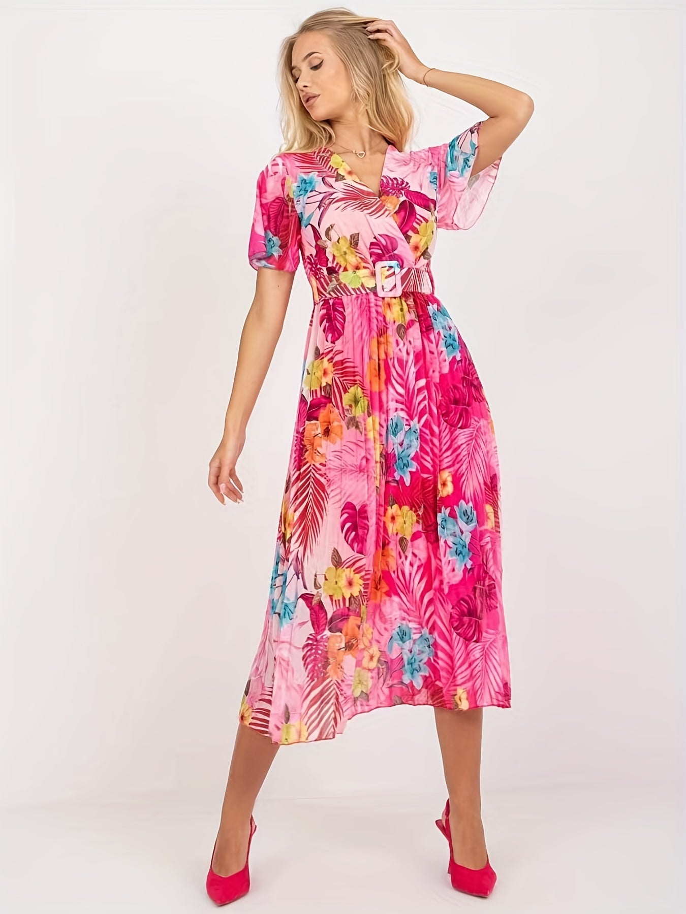 gbolsos Floral Print Pleat Dress With Belt, Boho Surplice Neck Short Sleeve Dress For Spring & Summer, Women's Clothing