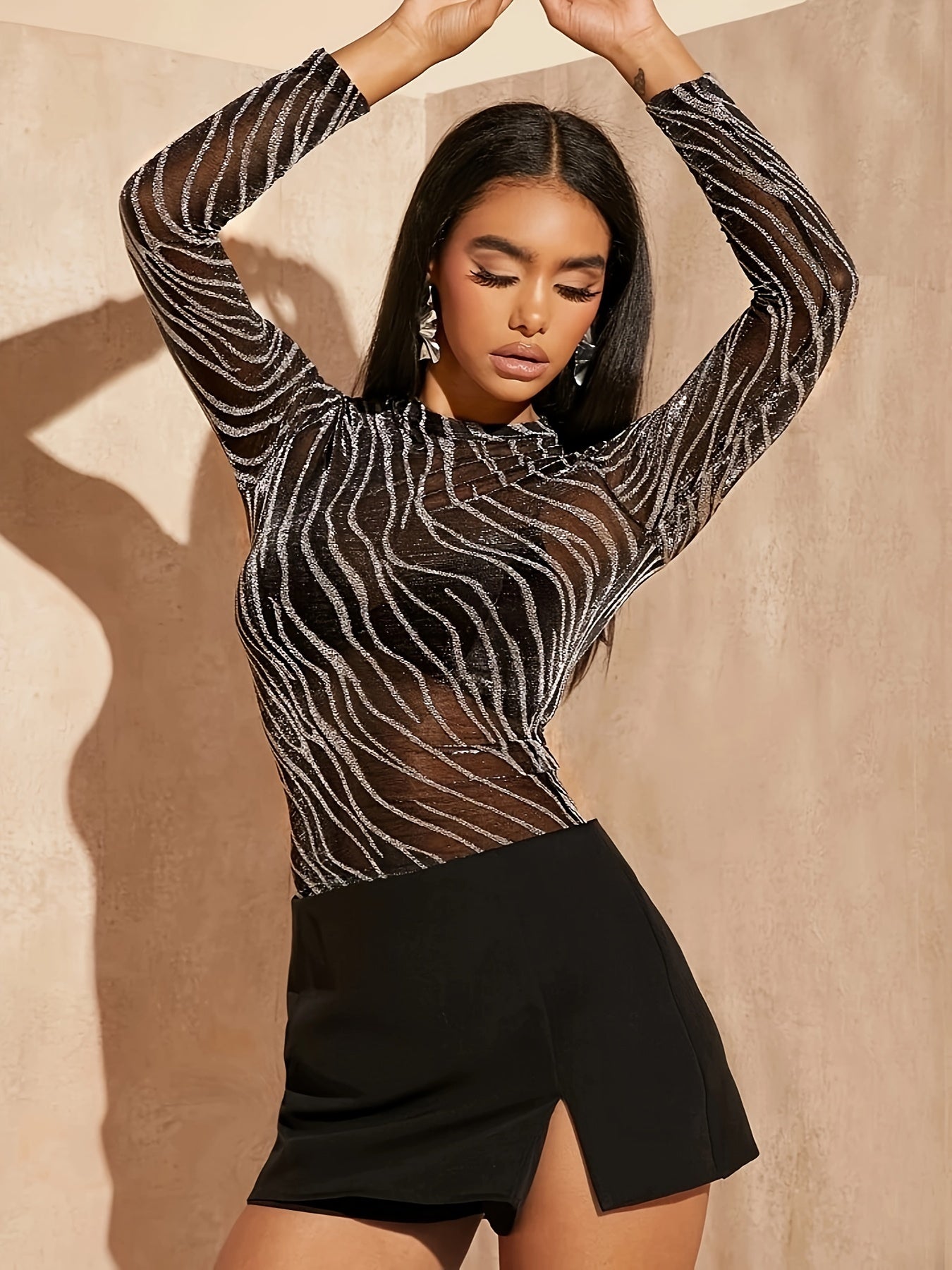 gbolsos Zebra Print Crew Neck T-Shirt, Elegant Long Sleeve Knitted T-Shirt For Every Day, Women's Clothing