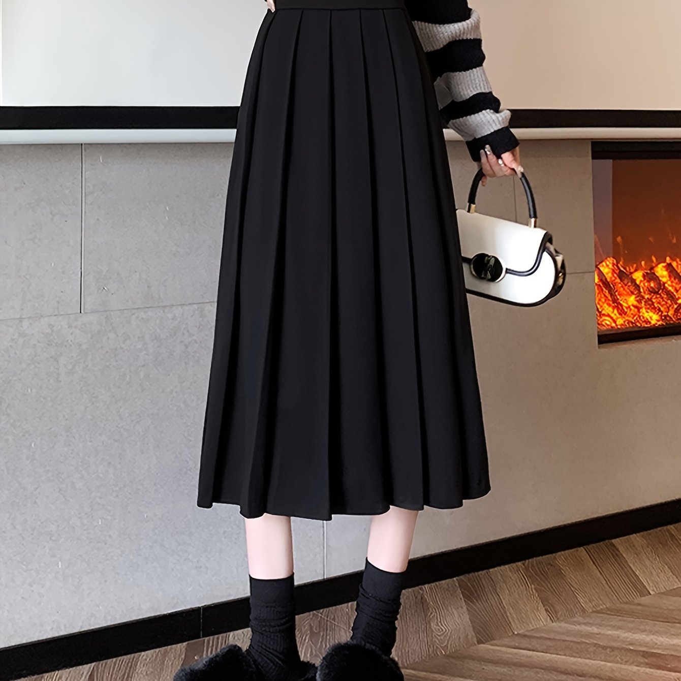 gbolsos Solid High Waist Pleated Skirt, Casual Draped A Line Midi Skirt, Women's Clothing