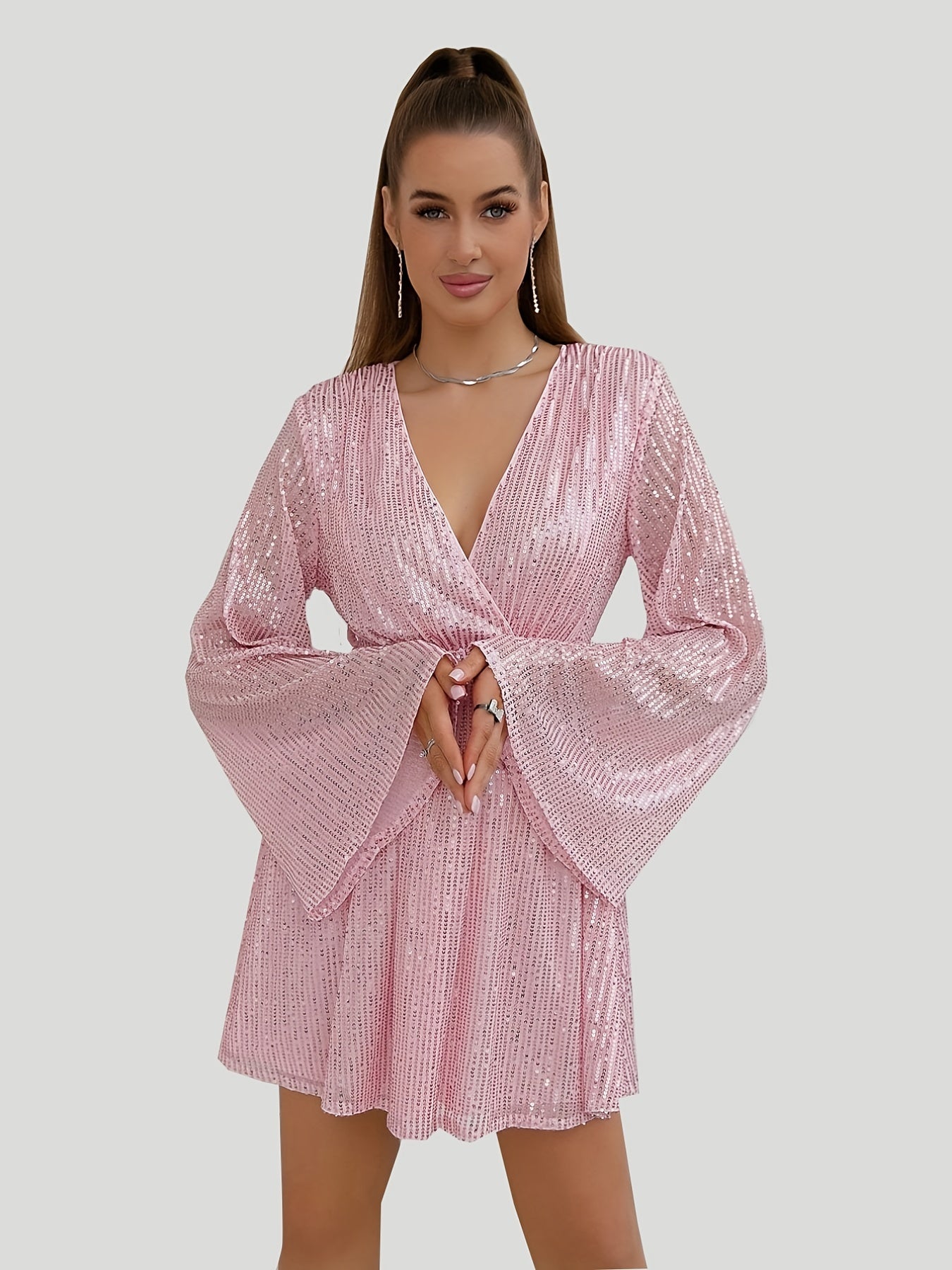 Homecoming Sequined Flare Sleeve V-neck Dress, Elegant Midi Dress For Club & Party, Women's Clothing