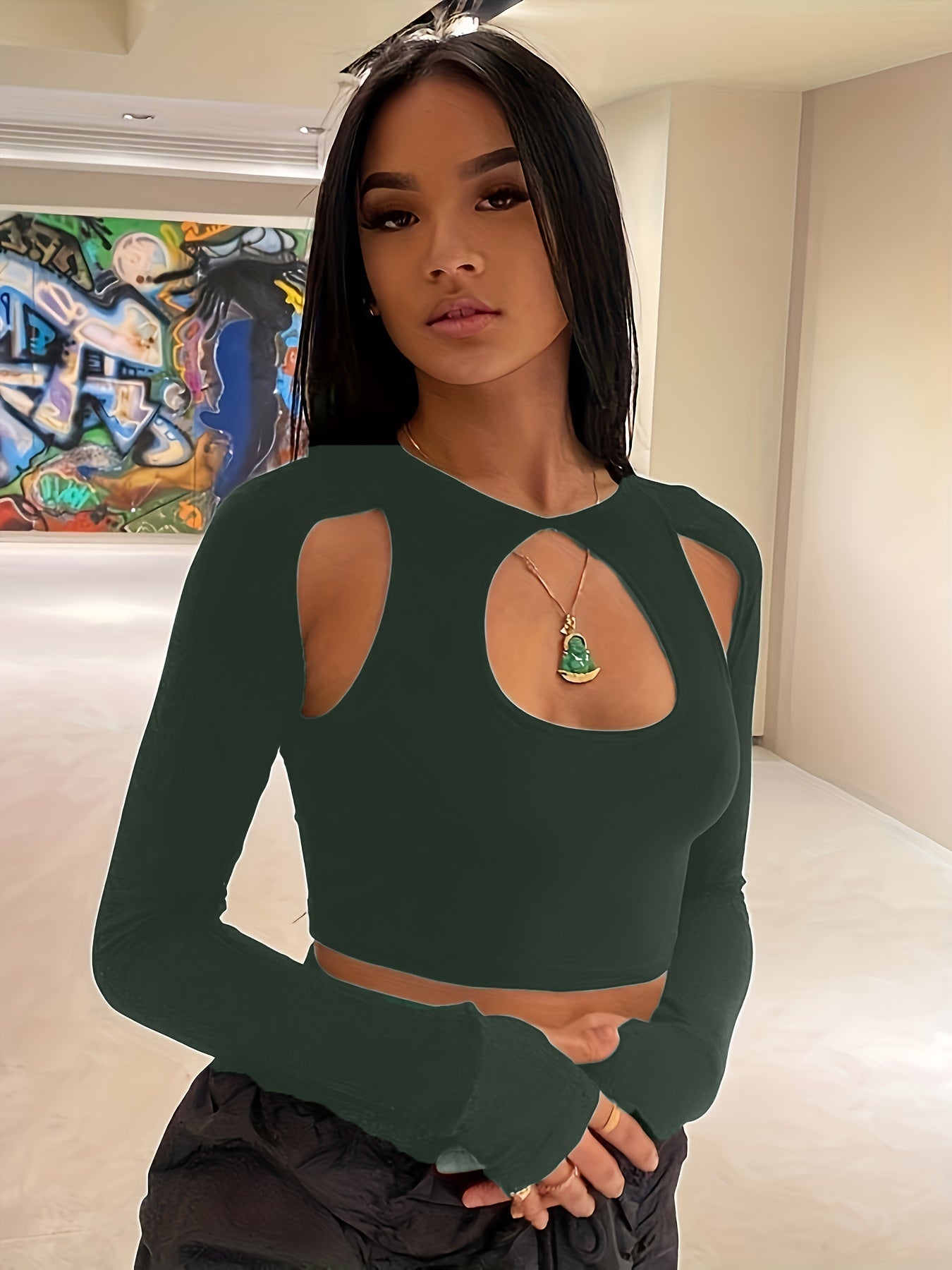 kkboxly Sexy Cut Out Crop T-Shirt, Long Sleeve Loose Casual Top, Women's Clothing
