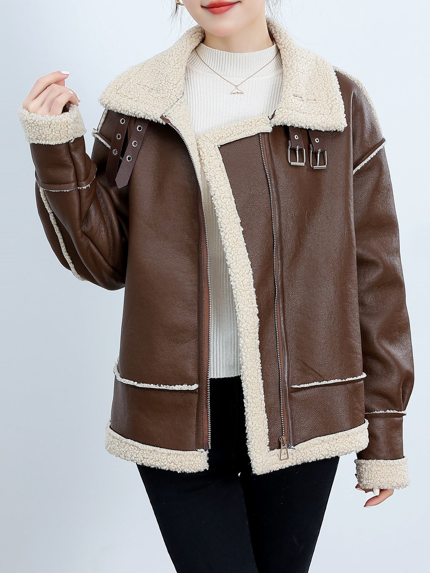 gbolsos Fuzzy Trim Biker Jacket, Casual Zip Up Long Sleeve Winter Outerwear, Women's Clothing