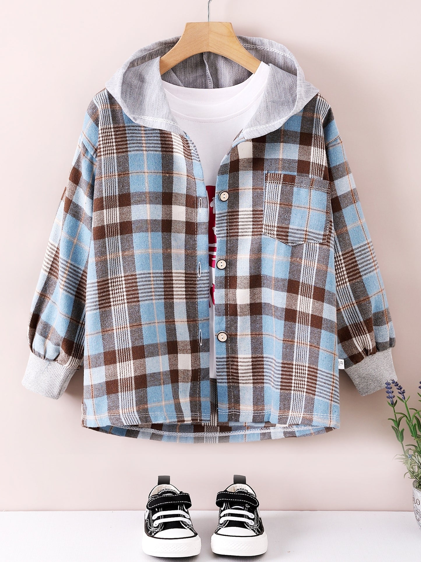 gbolsos Boys Fashion Plaid Hooded Jacket, Long Sleeve Button Down Hooded Jacket, Kids Clothing
