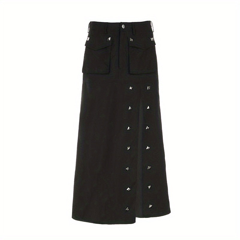 gbolsos Studded Flap Pocket Split Cargo Skirt, Y2K High Waist Loose Maxi Skirt, Women's Clothing
