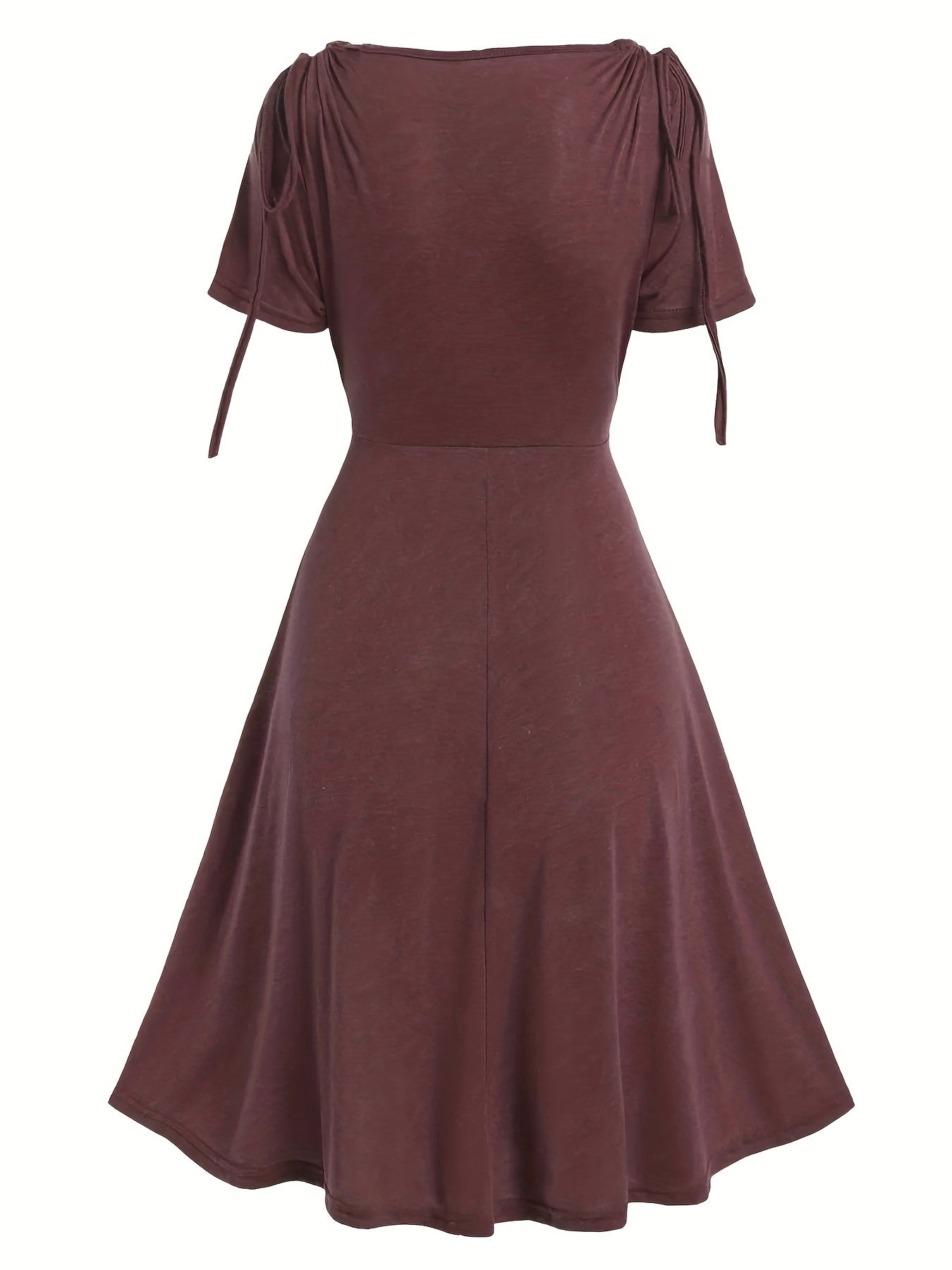 Solid Draped Drawstring Dress, Elegant V Neck Short Sleeve Pleated Dress, Women's Clothing