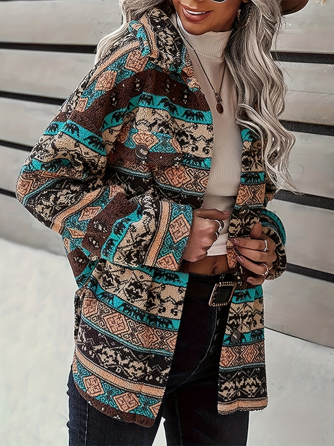 gbolsos Ethnic Geo Print Button Down Jacket, Casual Long Sleeve Drop Shoulder Outwear, Women's Clothing