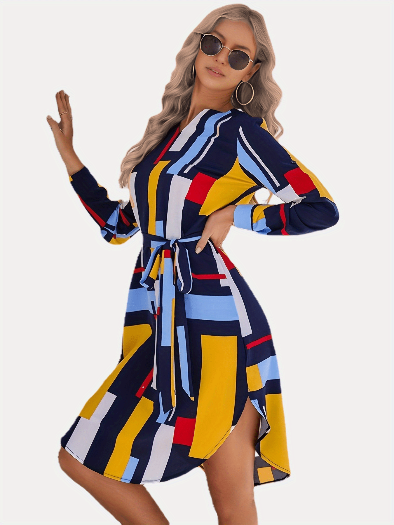 Color Block Belt V Neck Dress, Casual Long Sleeve Dress For Spring & Fall, Women's Clothing