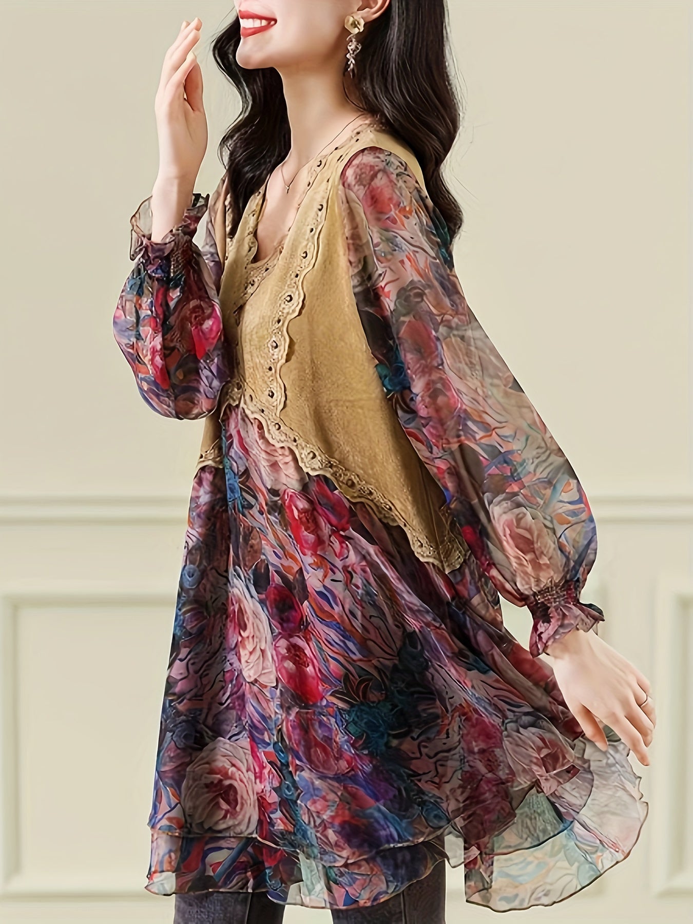 gbolsos Floral Print Splicing V-neck Tunics, Elegant Long Sleeve Color Block Top For Spring & Fall, Women's Clothing
