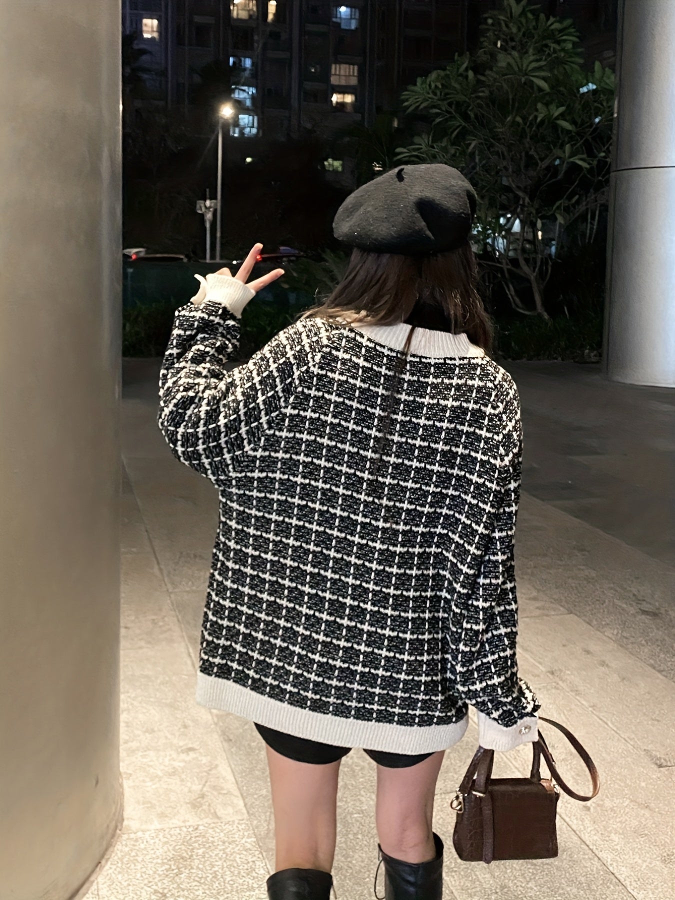 gbolsos Preppy Plaid Pattern Button Up Pocket Cardigan, Casual Long Sleeve Cardigan For Fall & Winter, Women's Clothing