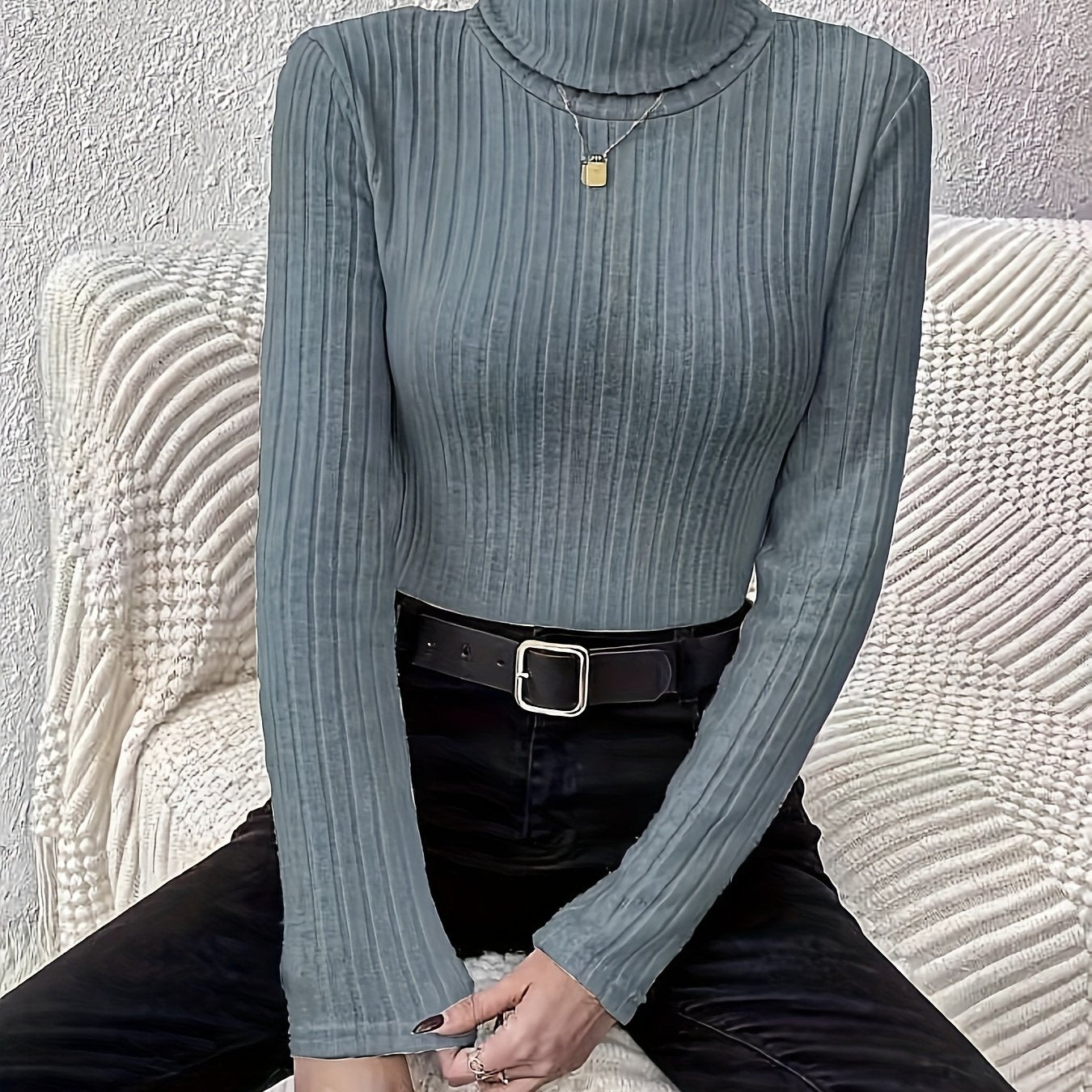 gbolsos Solid Ribbed Turtleneck T-shirt, Elegant Long Sleeve Slim Top For Spring & Fall, Women's Clothing