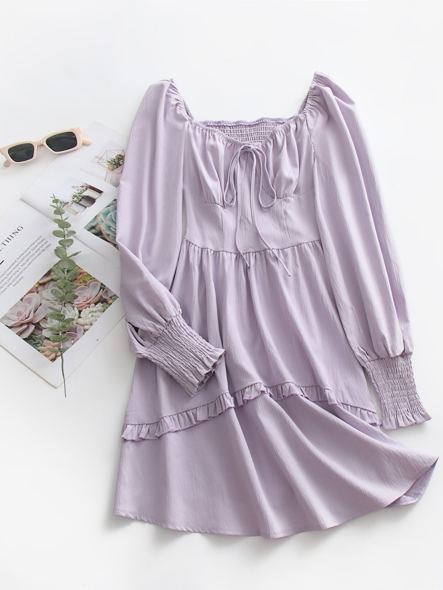 Solid Shirred Tie Front Dress, Casual Long Sleeve Dress For Spring, Women's Clothing