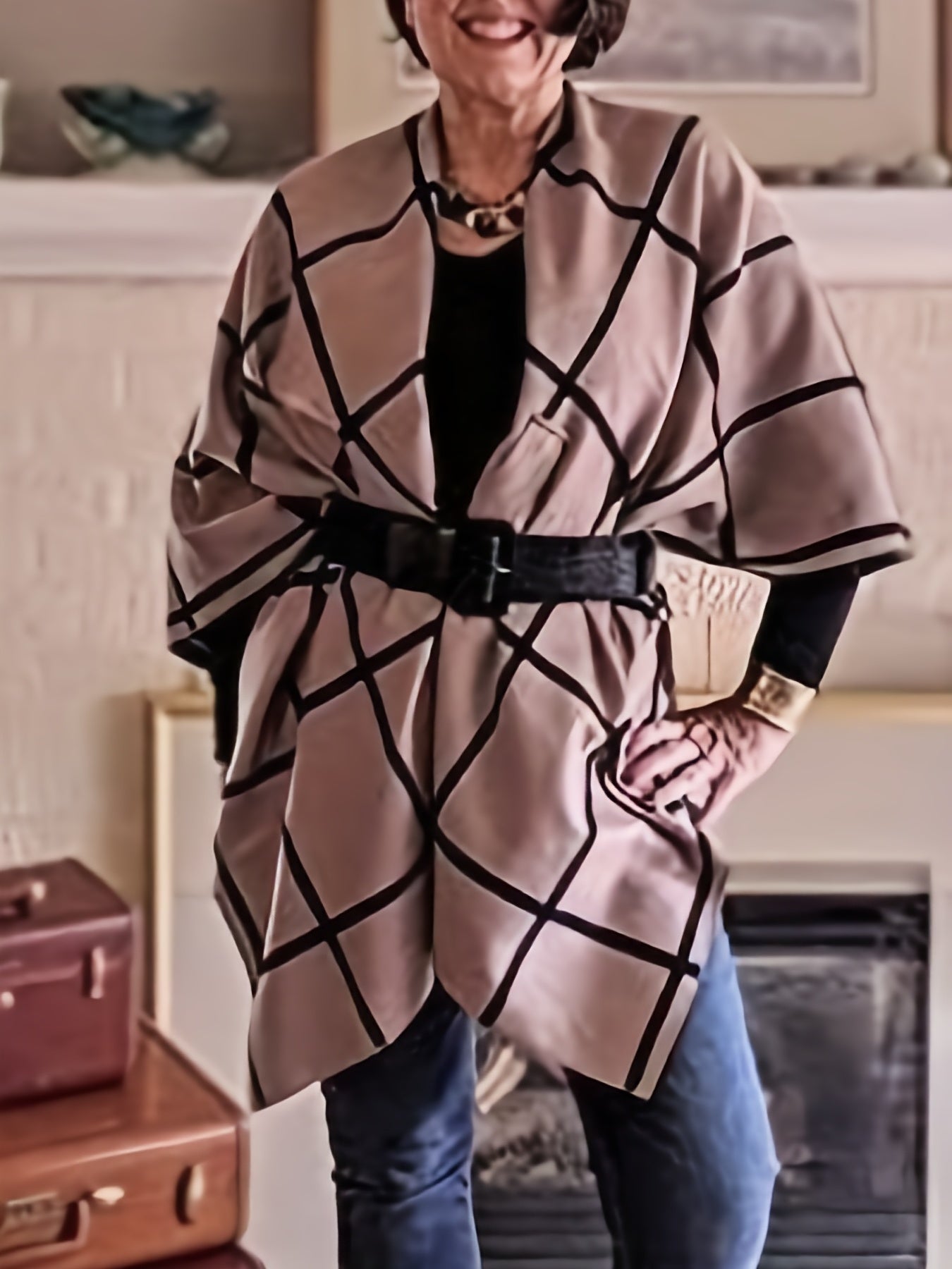 Plus Size Elegant Coat, Women's Plus Grid Print Batwing Sleeve Open Front Shawl Cape Coat