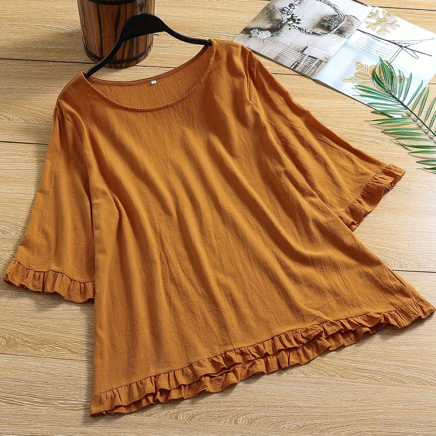solvbao Plus Size Casual Top, Women's Plus Solid Lettuce Trim Half Sleeve Round Neck Slight Stretch Top