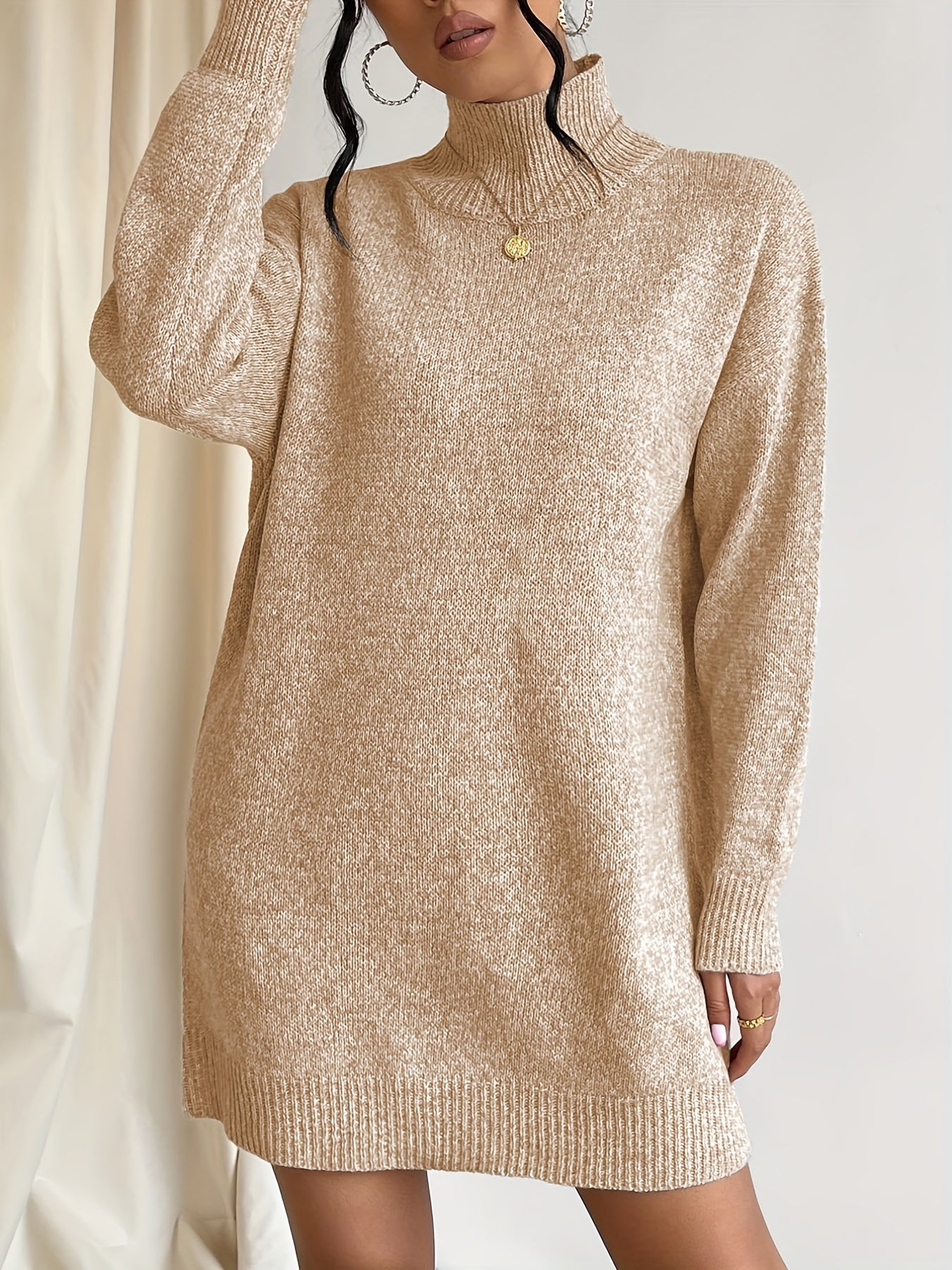 gbolsos High Neck Solid Dress, Casual Long Sleeve Knitted Mini Dress, Women's Clothing