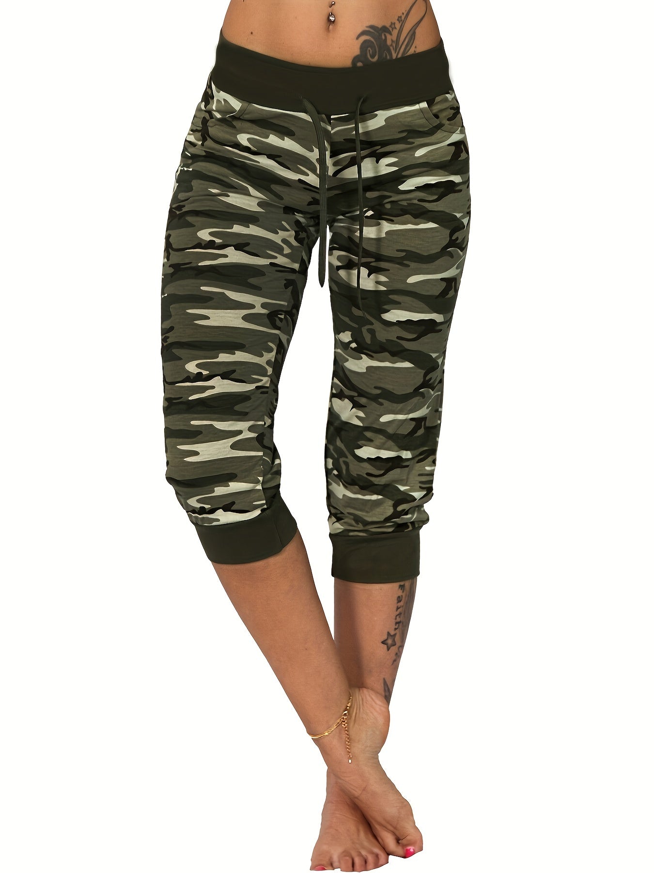 gbolsosCamo Print Drawstring Leggings, Casual Slim Summer Random Printing Leggings, Women's Clothing