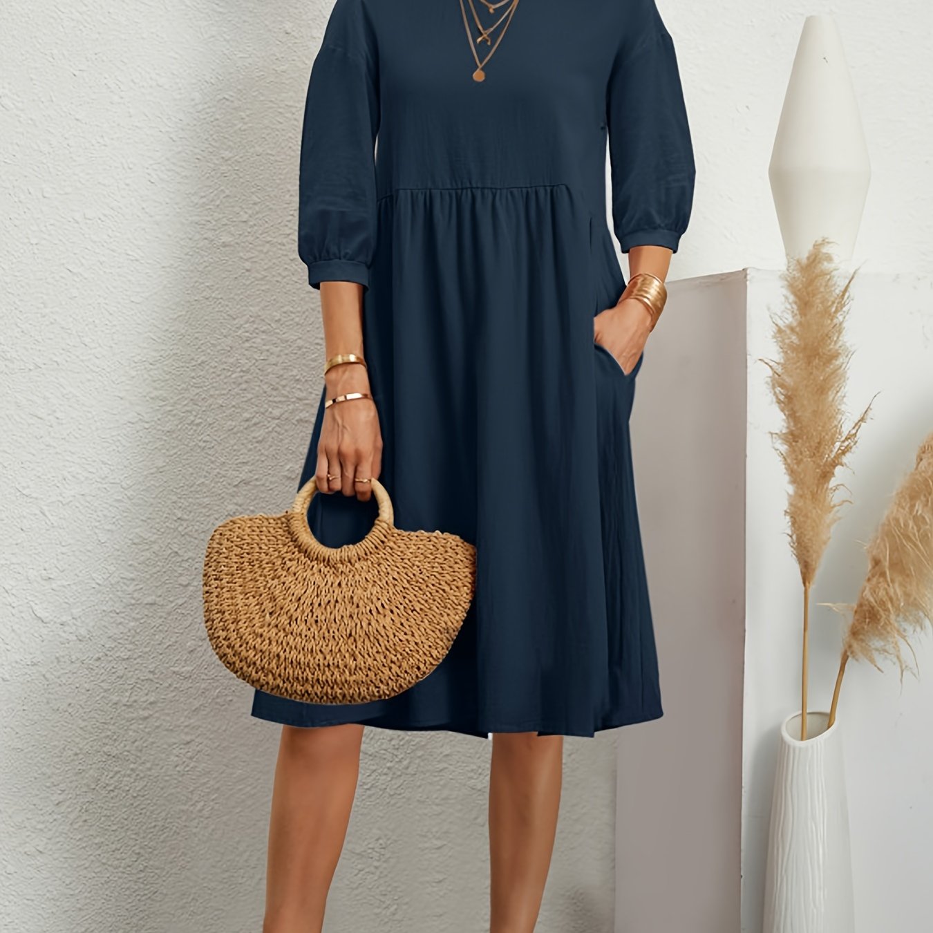 Lantern Sleeve Pocket Dress, Casual Crew Neck Half Sleeve Dress, Women's Clothing