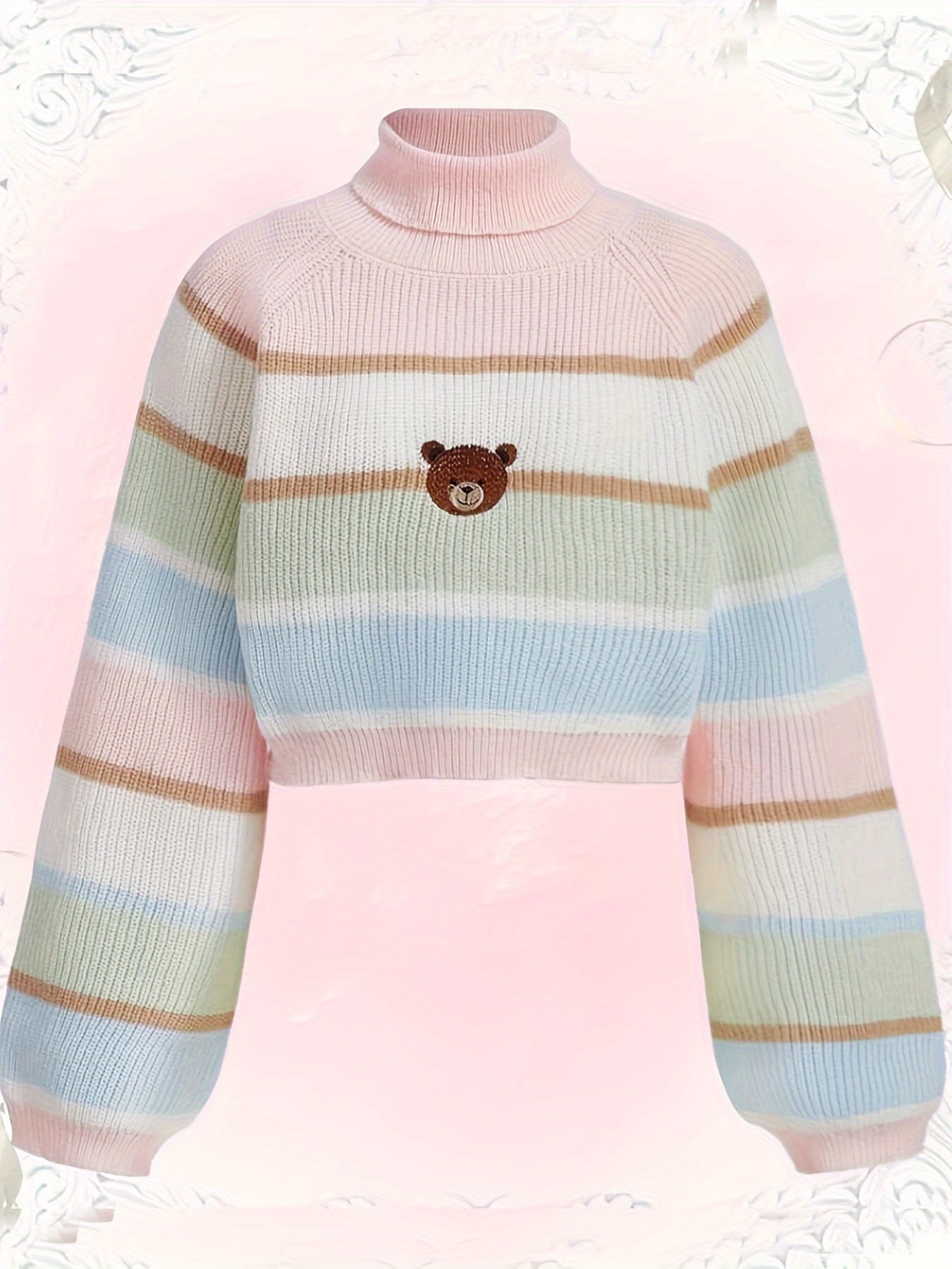 gbolsos Bear Pattern Striped Pullover Sweater, Cute Turtle Neck Long Sleeve Crop Sweater, Women's Clothing