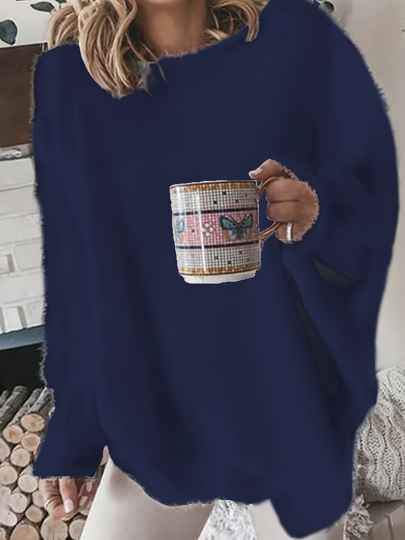 gbolsos Plus Size Casual Sweater, Women's Plus Solid Fluffy Round Neck Long Sleeve Sweater