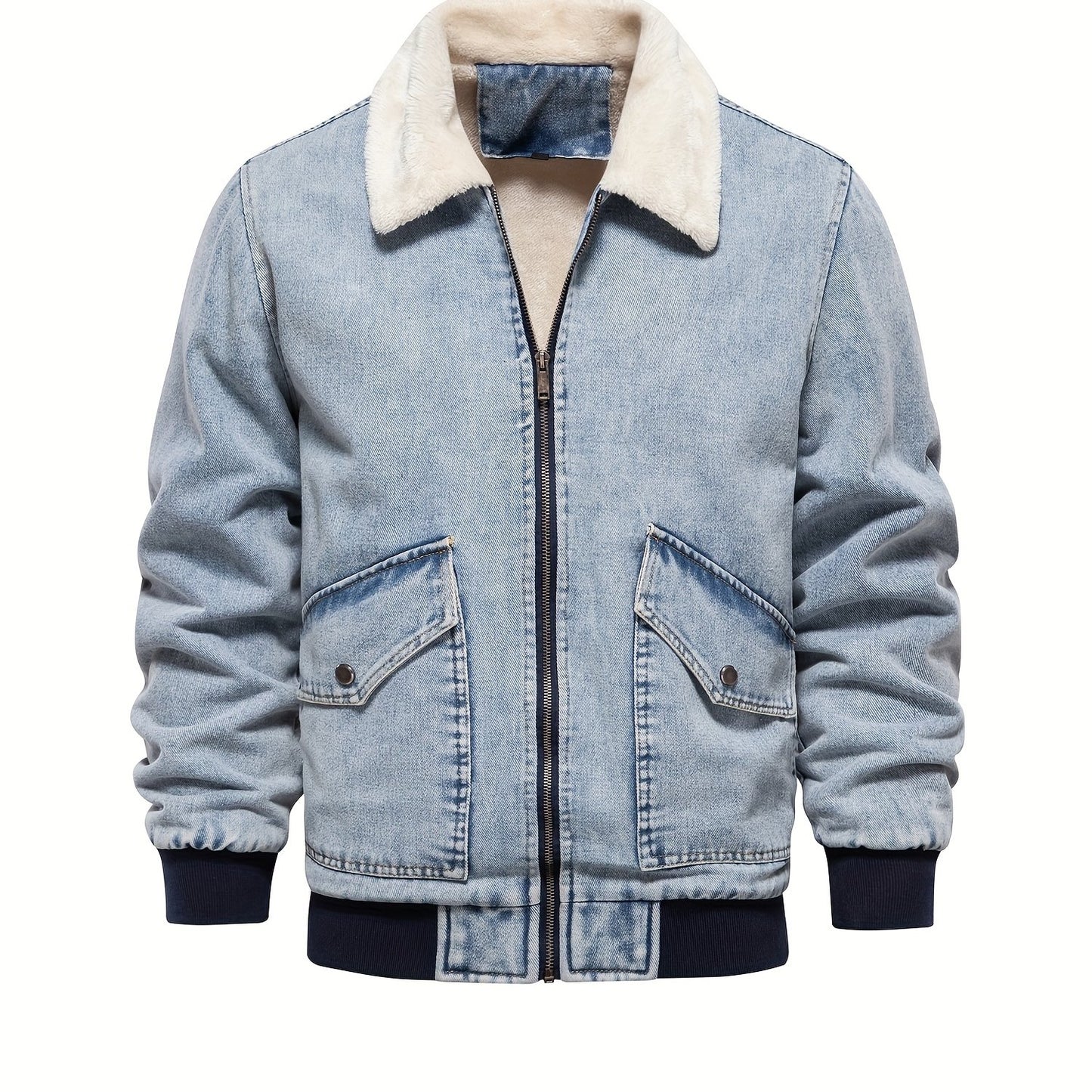 gbolsos Warm Fleece Denim Jacket, Men's Casual Flap Pocket Jacket Coat With Fur Collar For Fall Winter