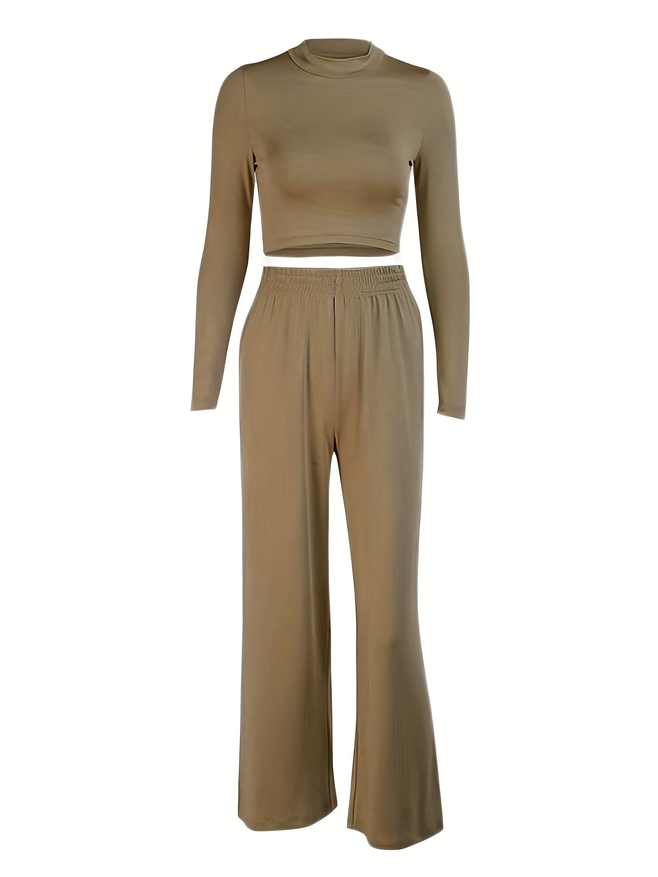 gbolsos Solid Casual Two-piece Set, Mock Neck Long Sleeve Tops & High Waist Wide Leg Pants Outfits, Women's Clothing