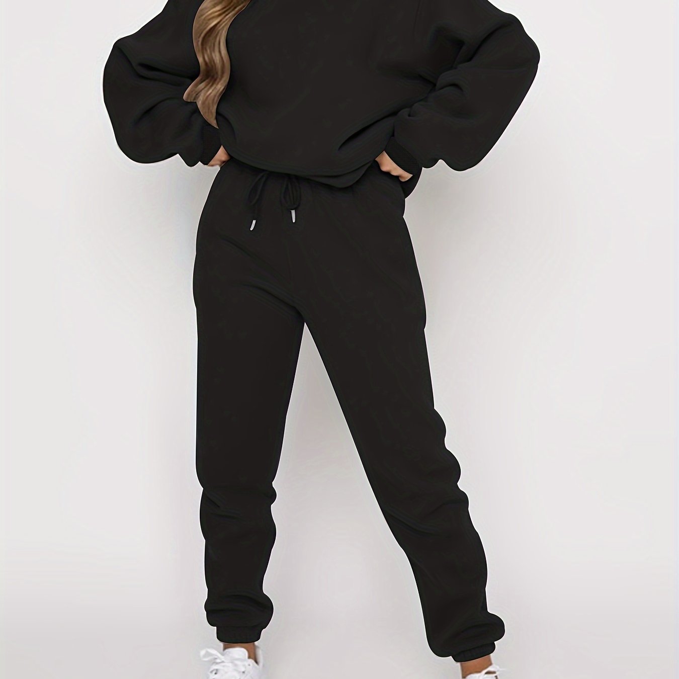 gbolsos Solid Casual Two-piece Set, Crew Neck Long Sleeve Tops & Drawstring Jogger Pants Oufits, Women's Clothing