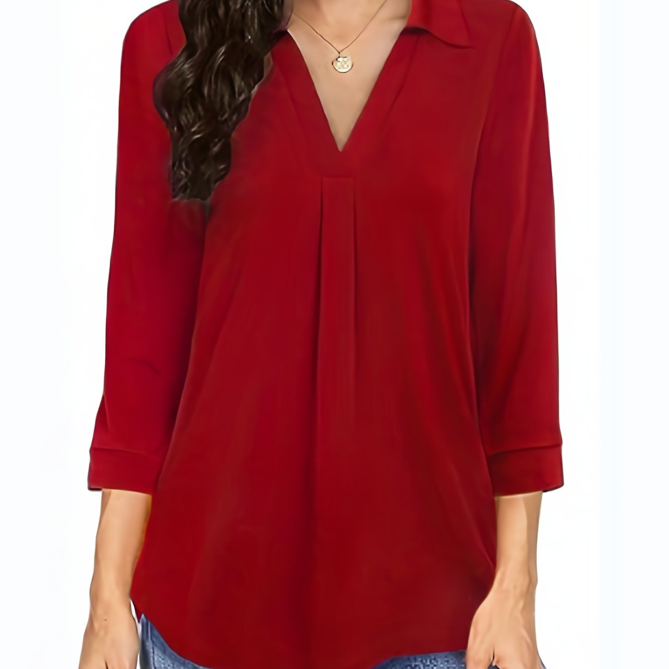 gbolsos Plus Size Casual Blouse, Women's Plus Solid Half Sleeve Turn Down Collar Tunic Top