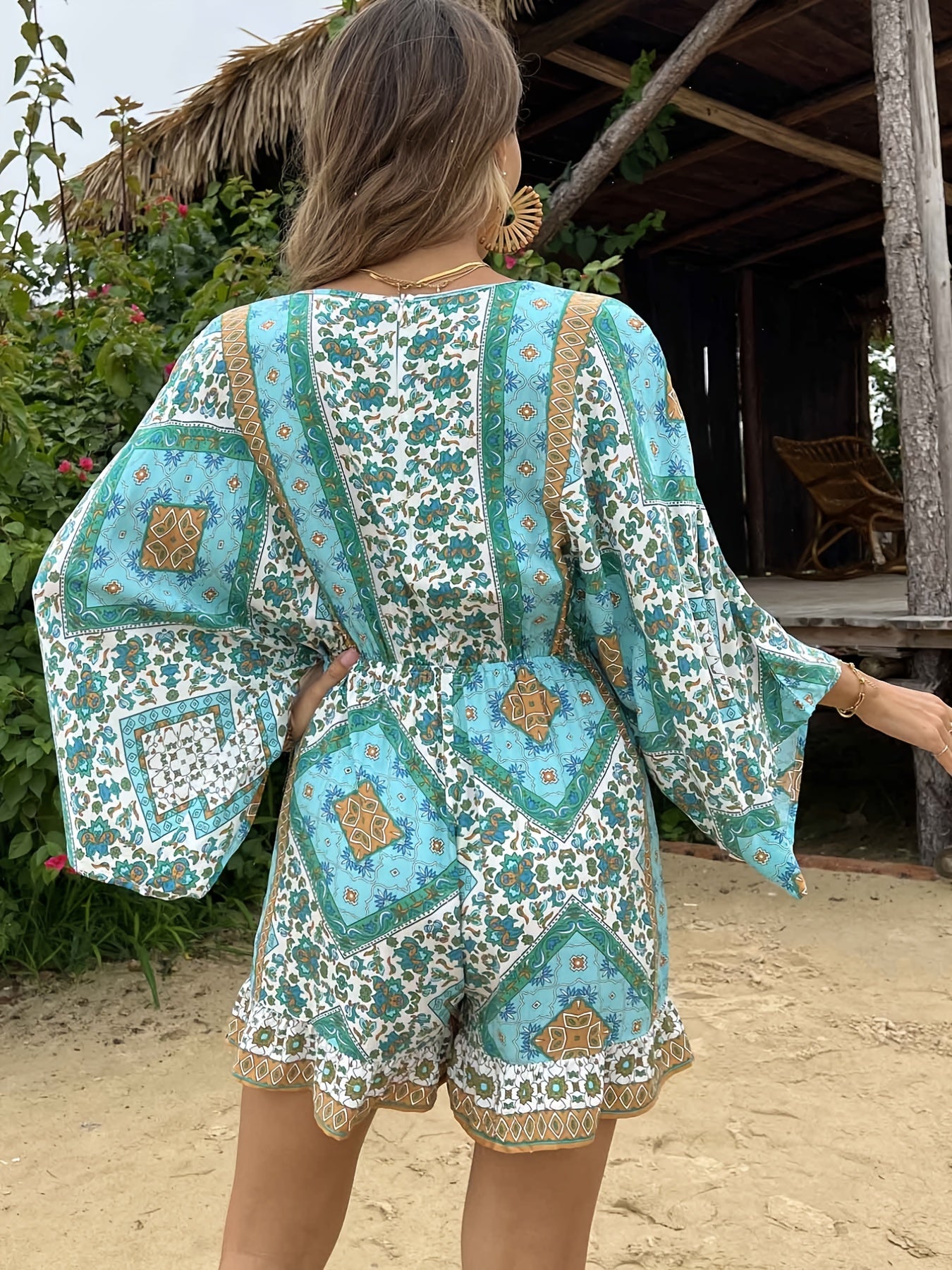 elveswallet Bohemian Print Lace Up Waist Jumpsuit, Boho Long Sleeve V-neck Loose Jumpsuit, Women's Clothing