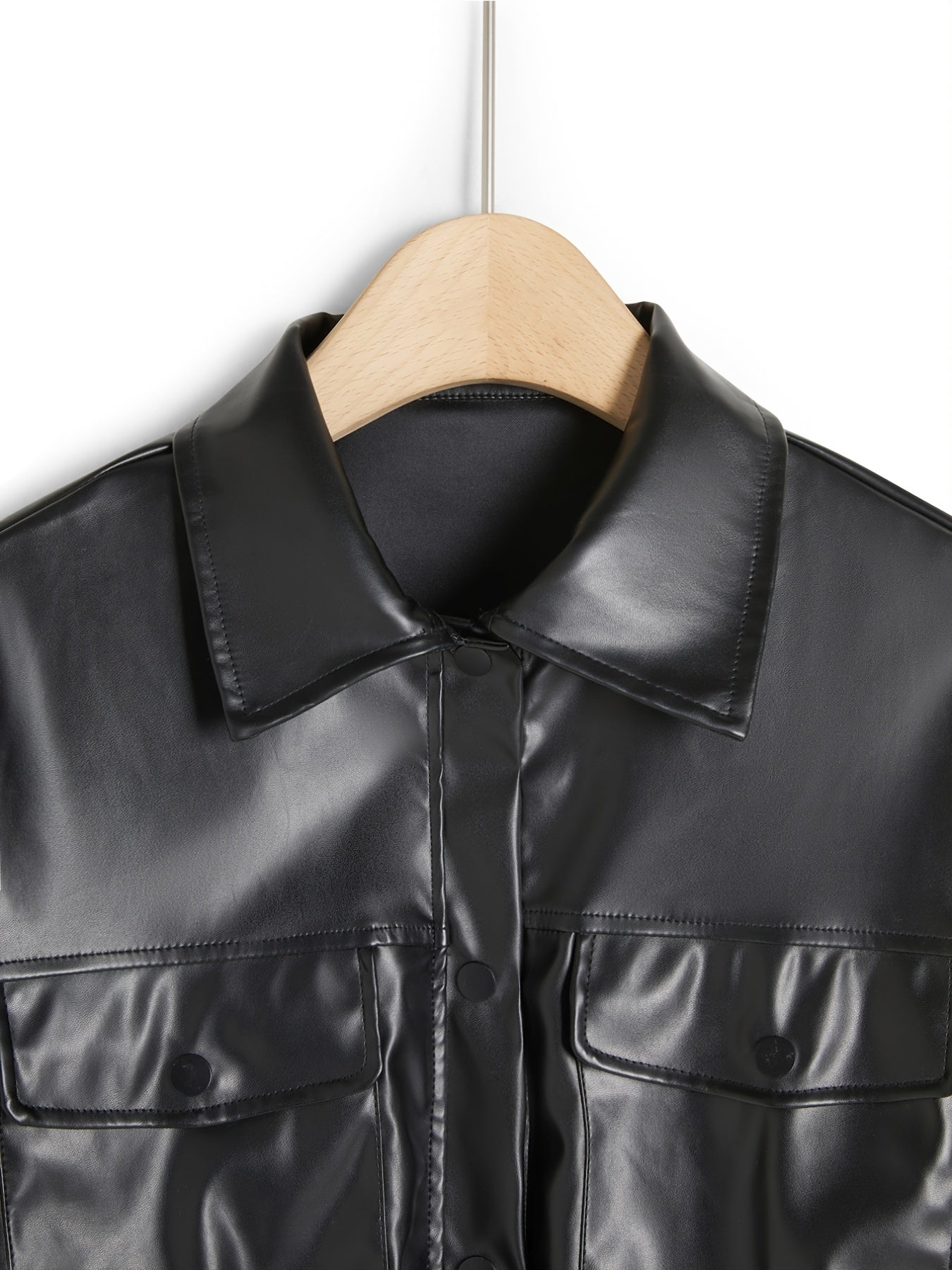 gbolsos PU Leather Turn Down Collar Jacket, Casual Elastic Hem Button Front Outerwear With Pockets, Women's Clothing