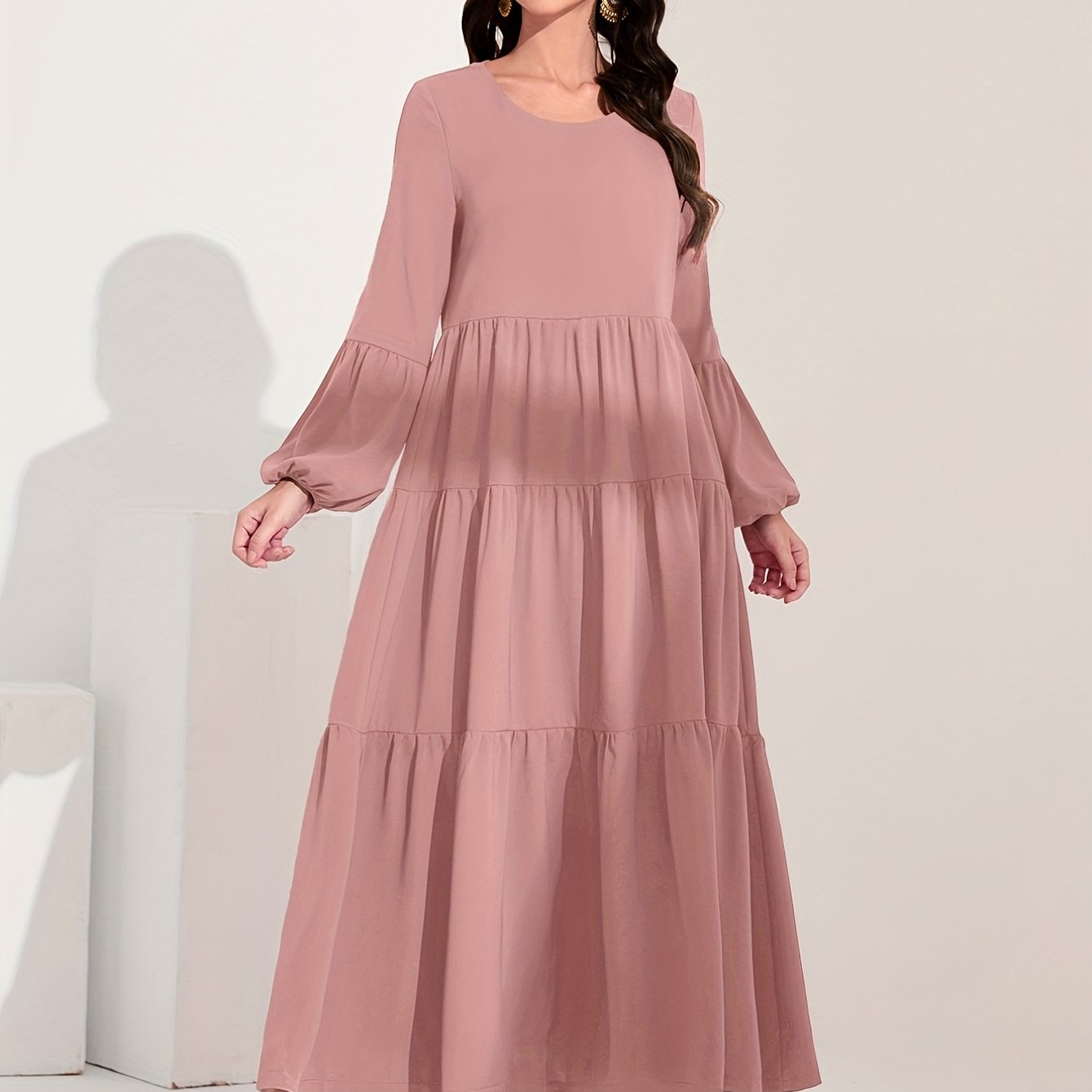 Ruched Lantern Sleeve Dress, Casual Crew Neck Solid Maxi Dress, Women's Clothing