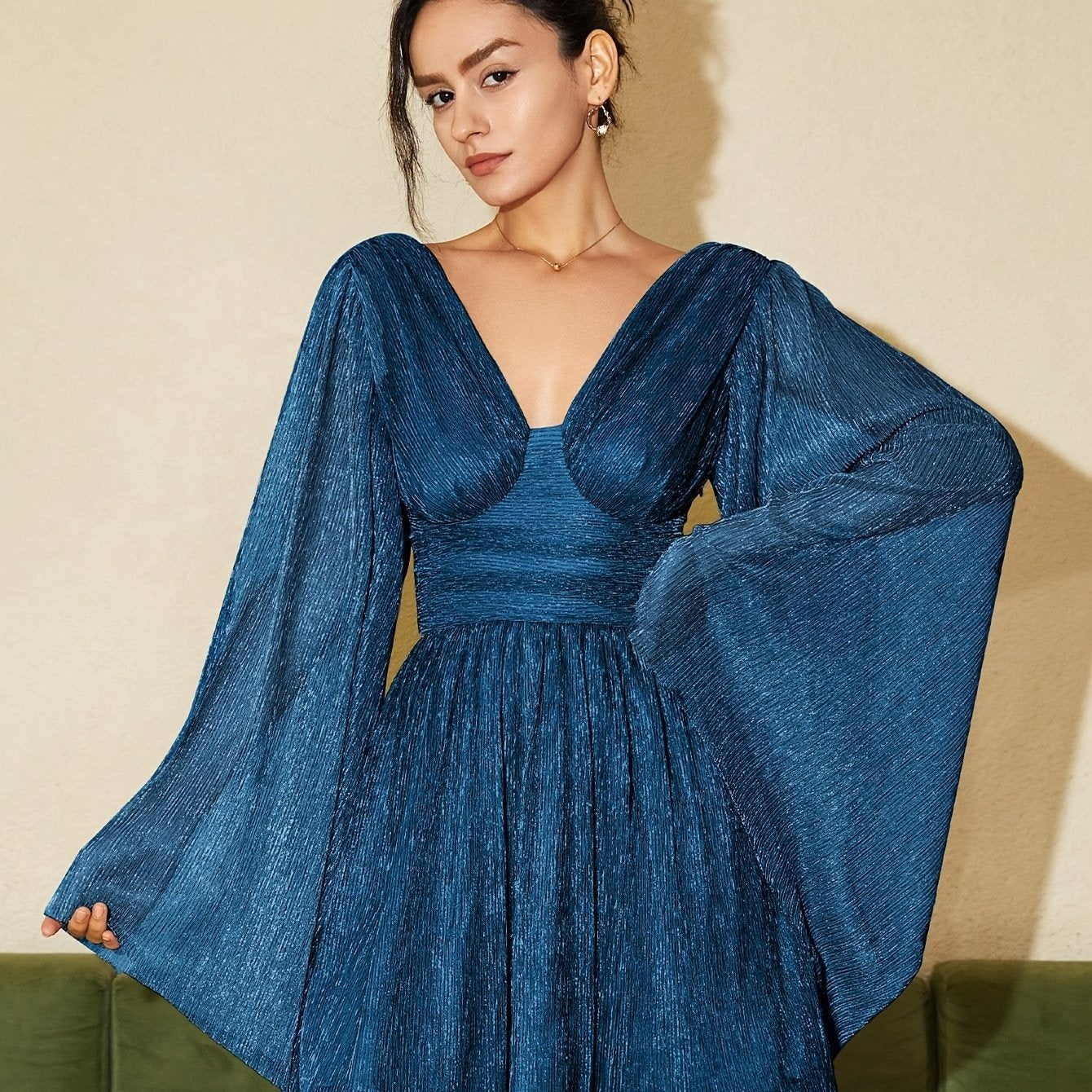gbolsos Solid Deep V-neck Ruffle Dress, Elegant Flare Sleeve Slim Cut Out Dress For Spring & Fall, Women's Clothing