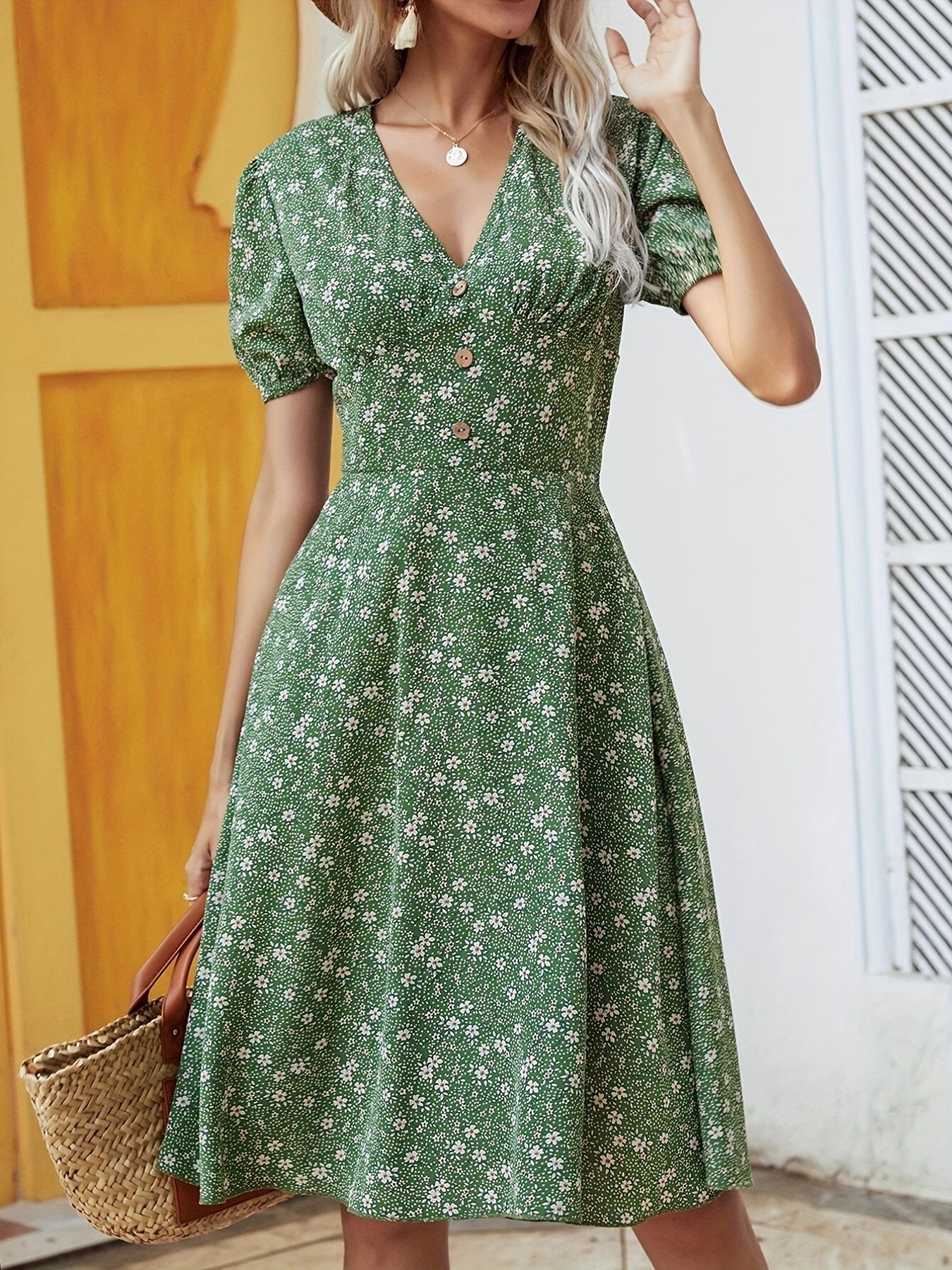 gbolsos Floral Print Button V Neck Dress, Casual Short Sleeve Dress For Spring & Summer, Women's Clothing