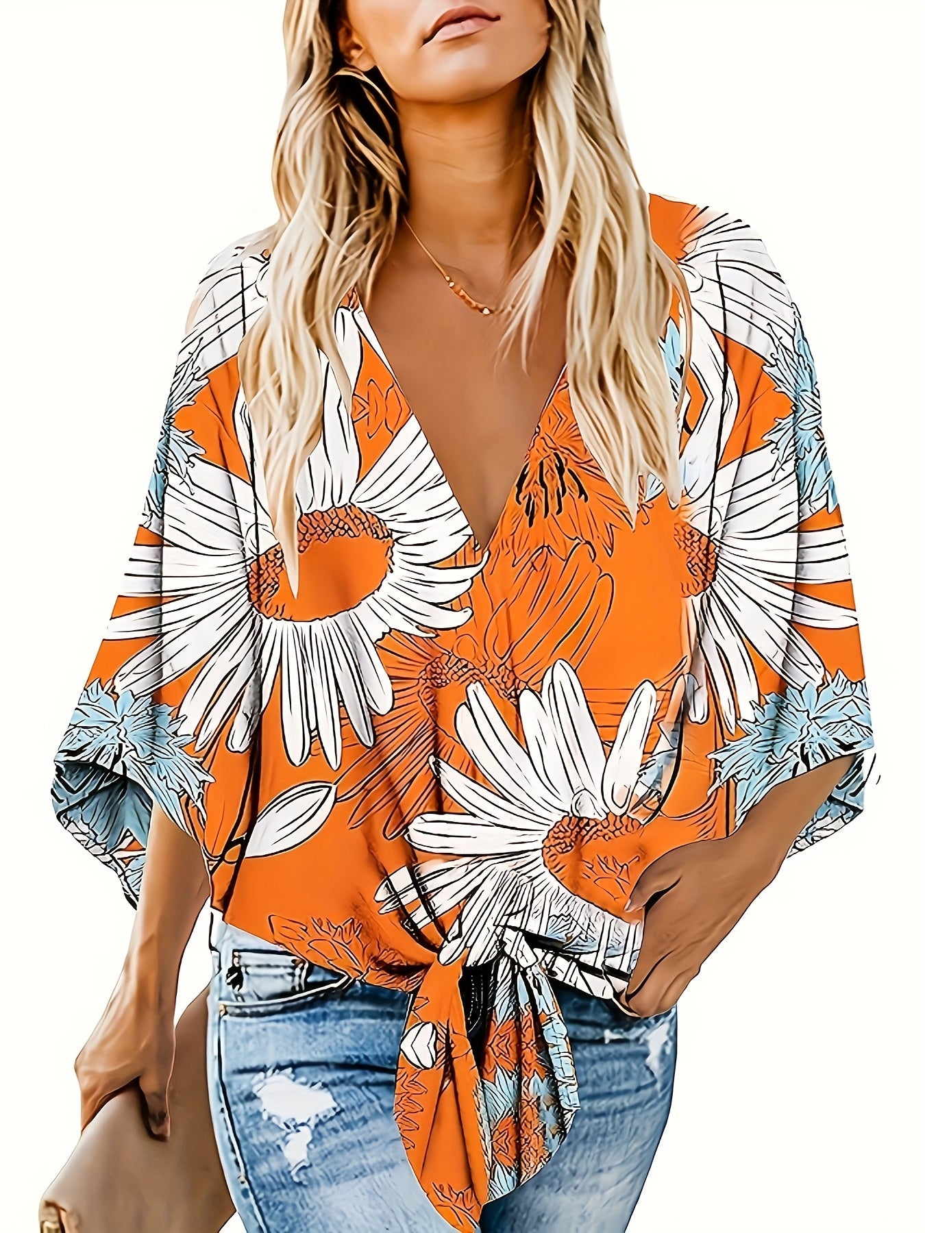 gbolsos Floral Print V-neck Blouse, Vacation Style Half Sleeve Blouse For Spring & Summer, Women's Clothing